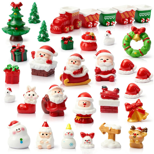CHAMBERY 32Pcs Mini Christmas Figurines Small Resin Figures Miniatures to Hide Santa Claus Reindeer Ornaments Gift for Xmas Party DIY Crafts Decorations