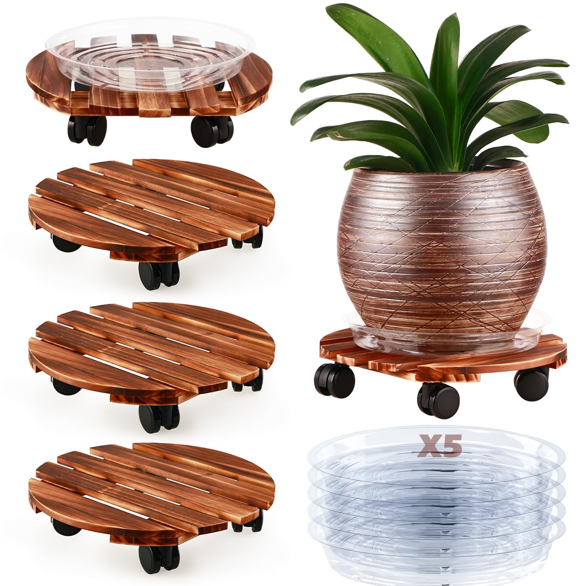 5 Pack Plant Caddy with Wheels Heavy Duty 13.5 Inch Wooden Plant Stand on Wheels Plant Dolly Rolling Plant Stand Plant Roller with Casters for Indoor and Outdoor with 5 Pack Plant Saucers, Round