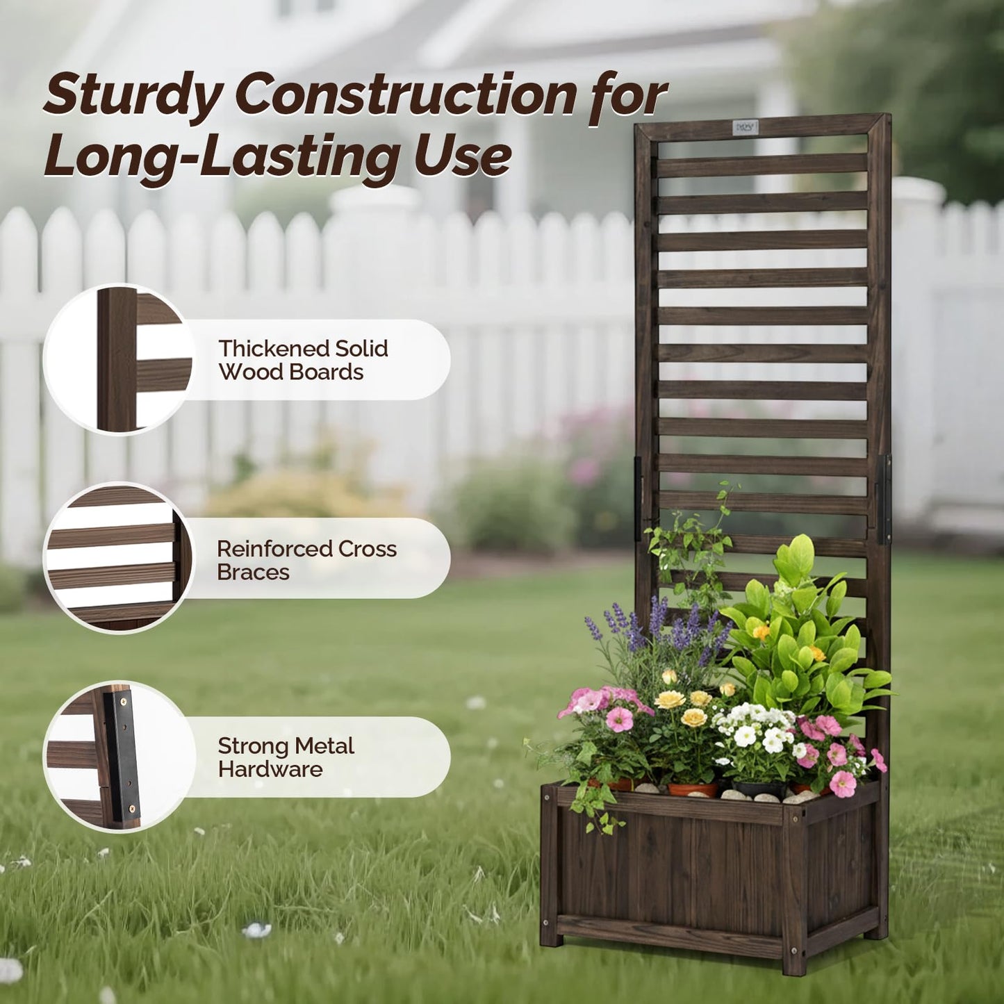 VINGLI Wooden Planter with Trellis, 51" Height Elevated Garden Beds Outdoor, FreeStanding Planter Box with Drainage Holes for Flower, Vegetable, Fruit, Herb in Garden, Patio, Balcony - 2PCS