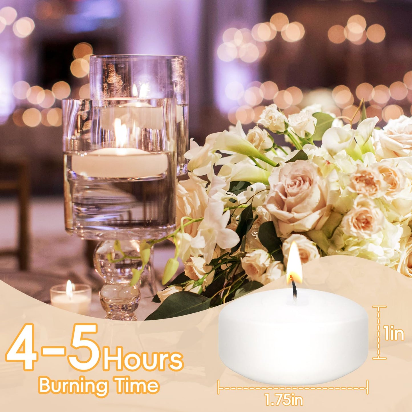 48 Pack White Floating Candles 1.75inch Unscented Floating Candle for Centerpieces 4-5 Hours Burning 1.75” Floating Candle Bulk for Wedding Party