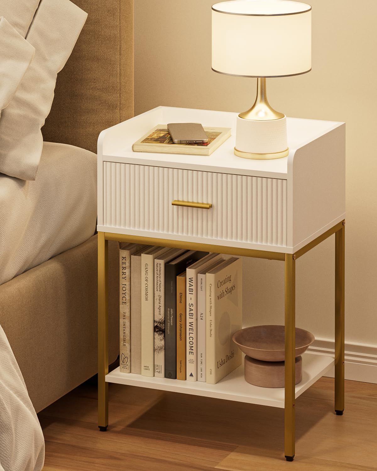 Apetaccat Night Stand, 3-Tier Bed Side Table, Small End Table, Nightstand with Open Shelf and Drawer, Bedside Table for Bedroom, Living Room, White