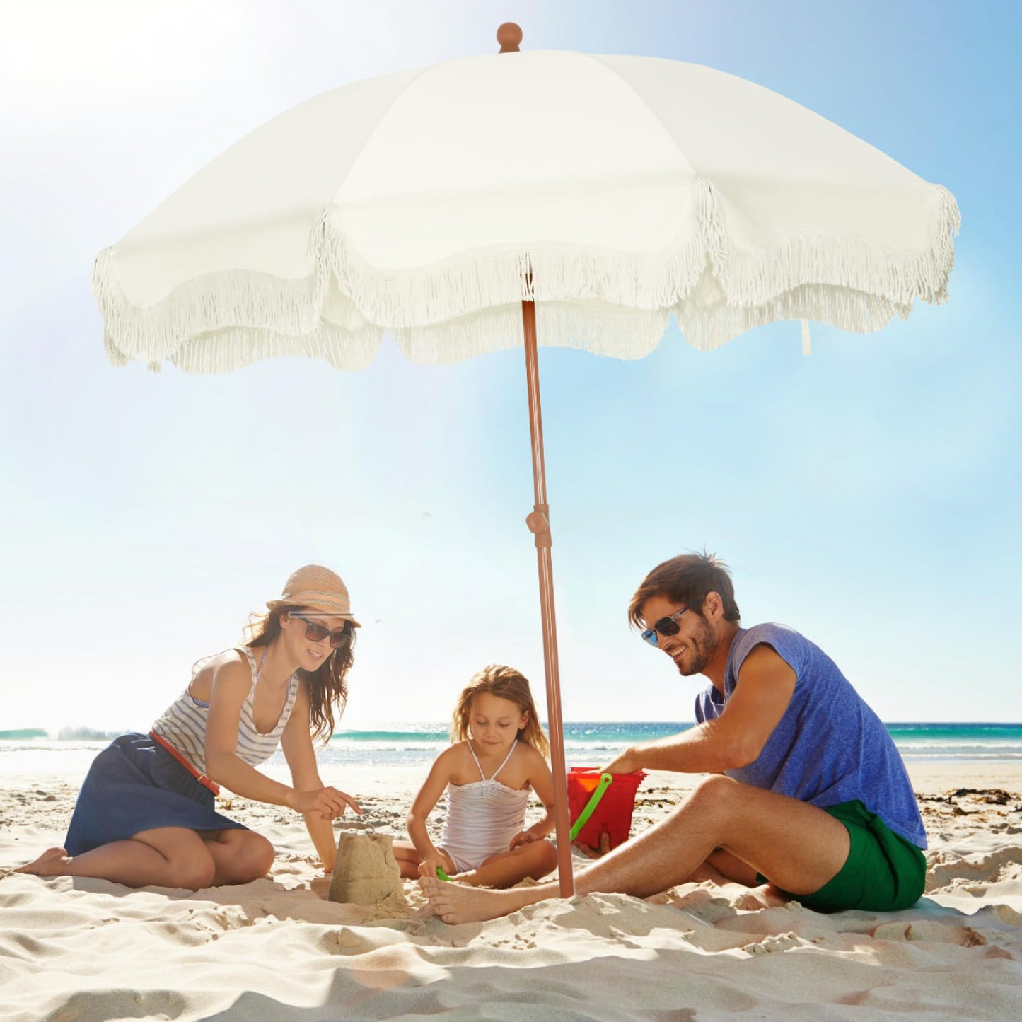 HERA'S PALACE 7 ft Heavy Duty Beach Umbrella with Sand Anchor, Fringe Umbrella for Sand, UV 50+, Patio Umbrella with Tilt Pole for Garden Pool Backyard