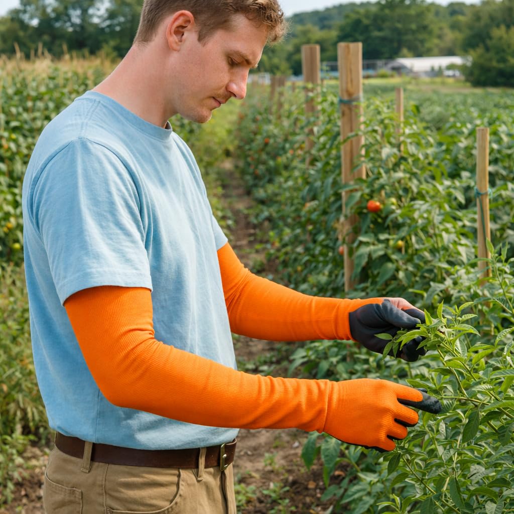CHARGUY Long Sleeve Gardening Gloves Protection Sleeves No-Slip Grip, Durable Long Garden Gloves Flexible Sleeves, Women/Men (Orange, Small)
