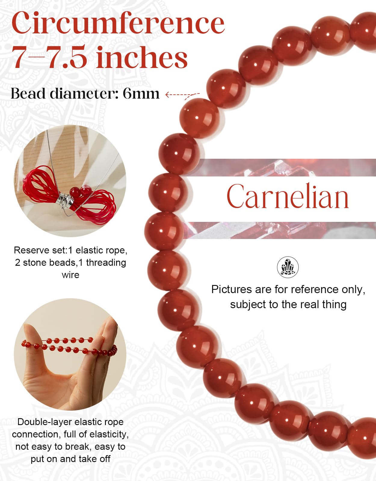 Landorilo Beaded Bracelet for Men Women, 6mm Natural Stone Carnelian Healing Crystal Stretch Bracelets, Ideal Christmas Birthday Jewelry Gifts with Energy Card，Replacement Beads Included