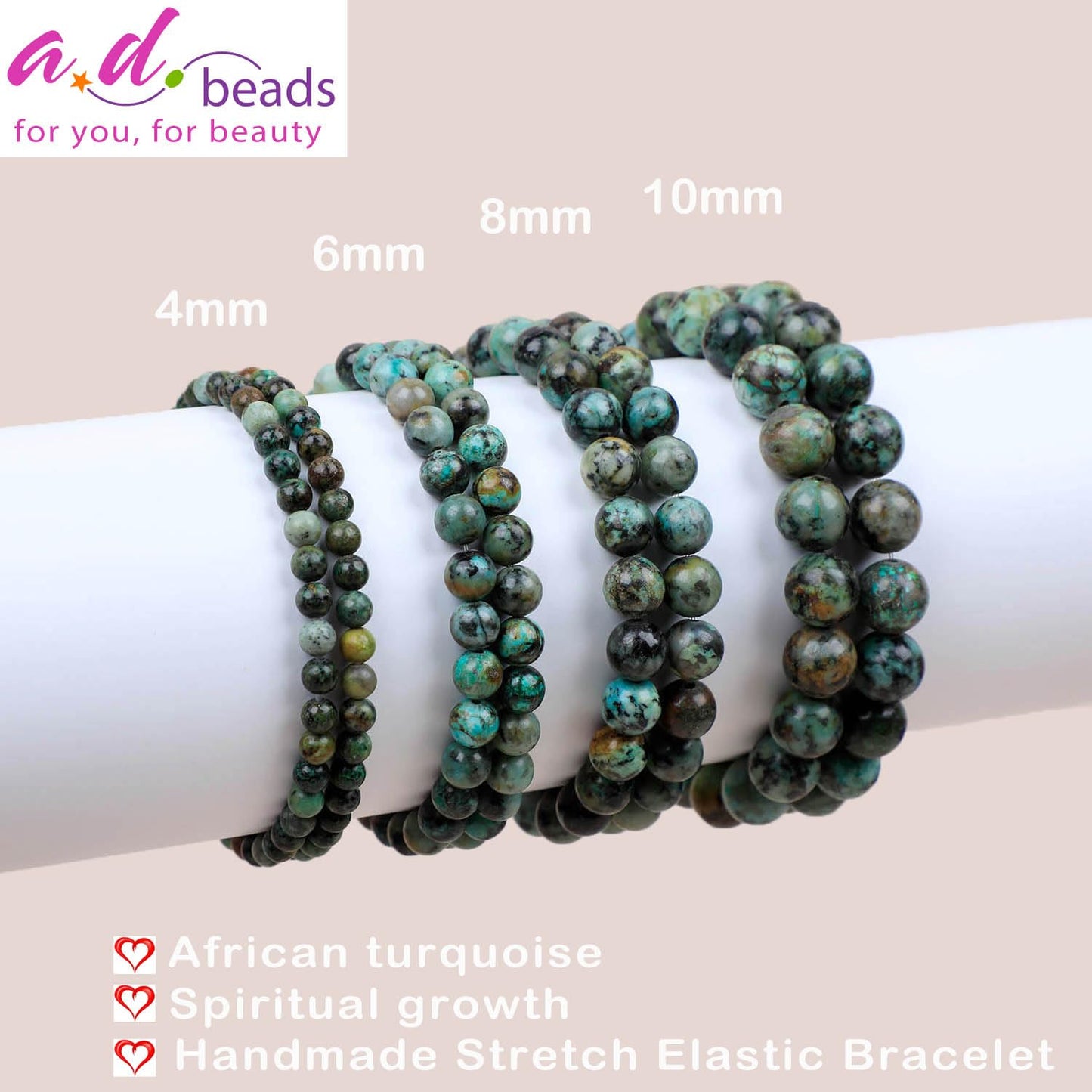 AD Beads Handmade Gemstone Stretch Elastic Bracelet Crystal Healing Reiki Nature's Beauty and Spiritual Essence Unisex (8mm, African Turquoise (Spiritual Growth))