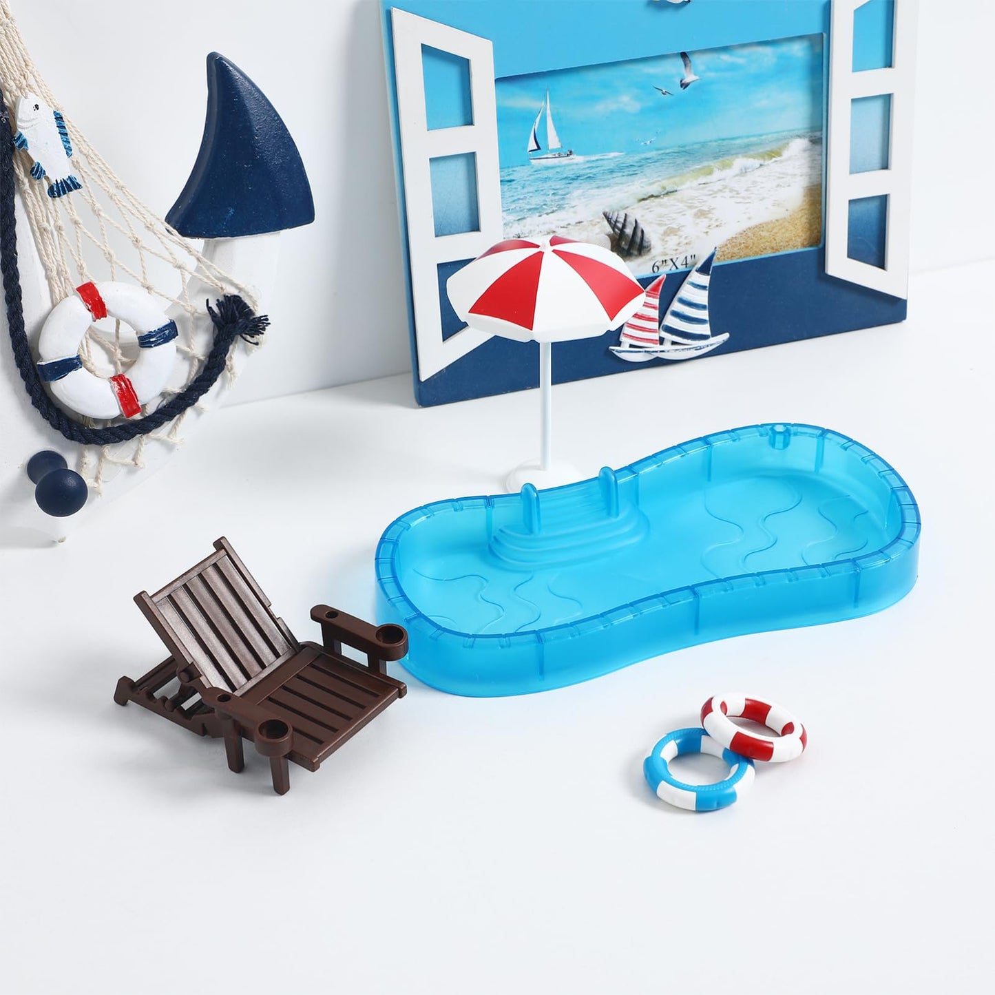 Angoily 1 12 Scale Miniature Dollhouse Swimming Pool Set with Swim Ring and Beach Chair Plastic Mini Toy Pool for Doll Accessories 7.87 X 3.54 X 0.79 Inches