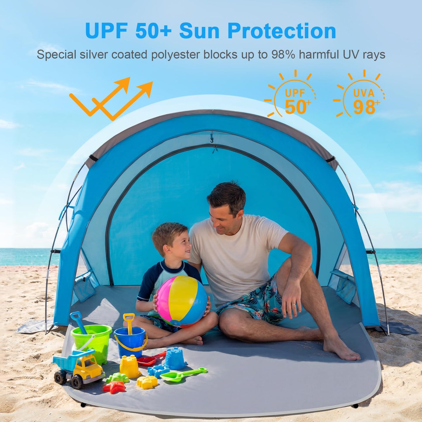Gorich Beach Tent Sun Shelter with UPF50+ UV Protection for 1-2/3/4-5/6-7 Person, Lightweight & Portable Beach Shade Canopy with 2 Zippered Doors, Easy Setup Family Beach Umbrella