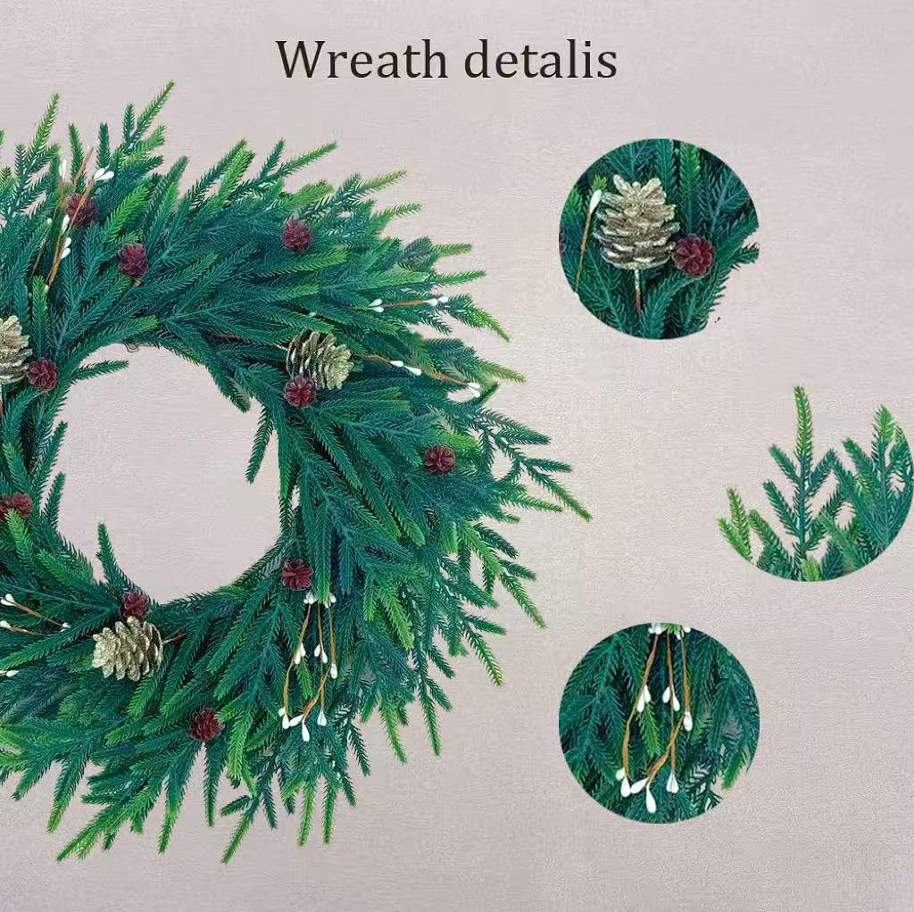 20 Inch Christmas Wreath for Front Door, Artificial Realistic Green Pine with Gold Pinecone, Door Wall Window Fireplace Party Decor