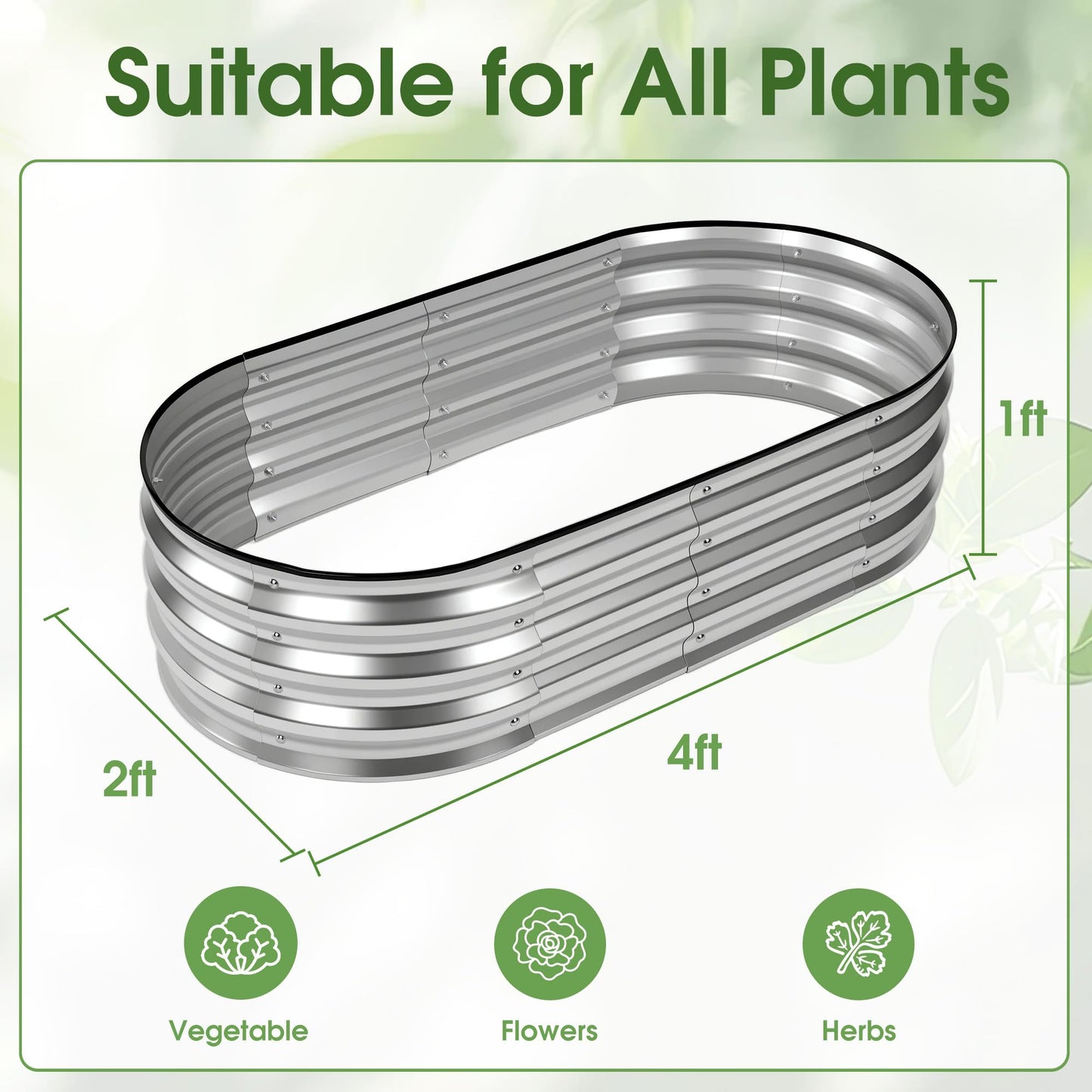 NEWBULIG 4x2x1ft Heavy-Duty Oval Galvanized Raised Garden Bed Outdoor, Metal Planter Box for Vegetables/Flowers/Herbs, Raised Flower Bed for Gardening, Open Bottom, Easy Assembly, Safe Edges