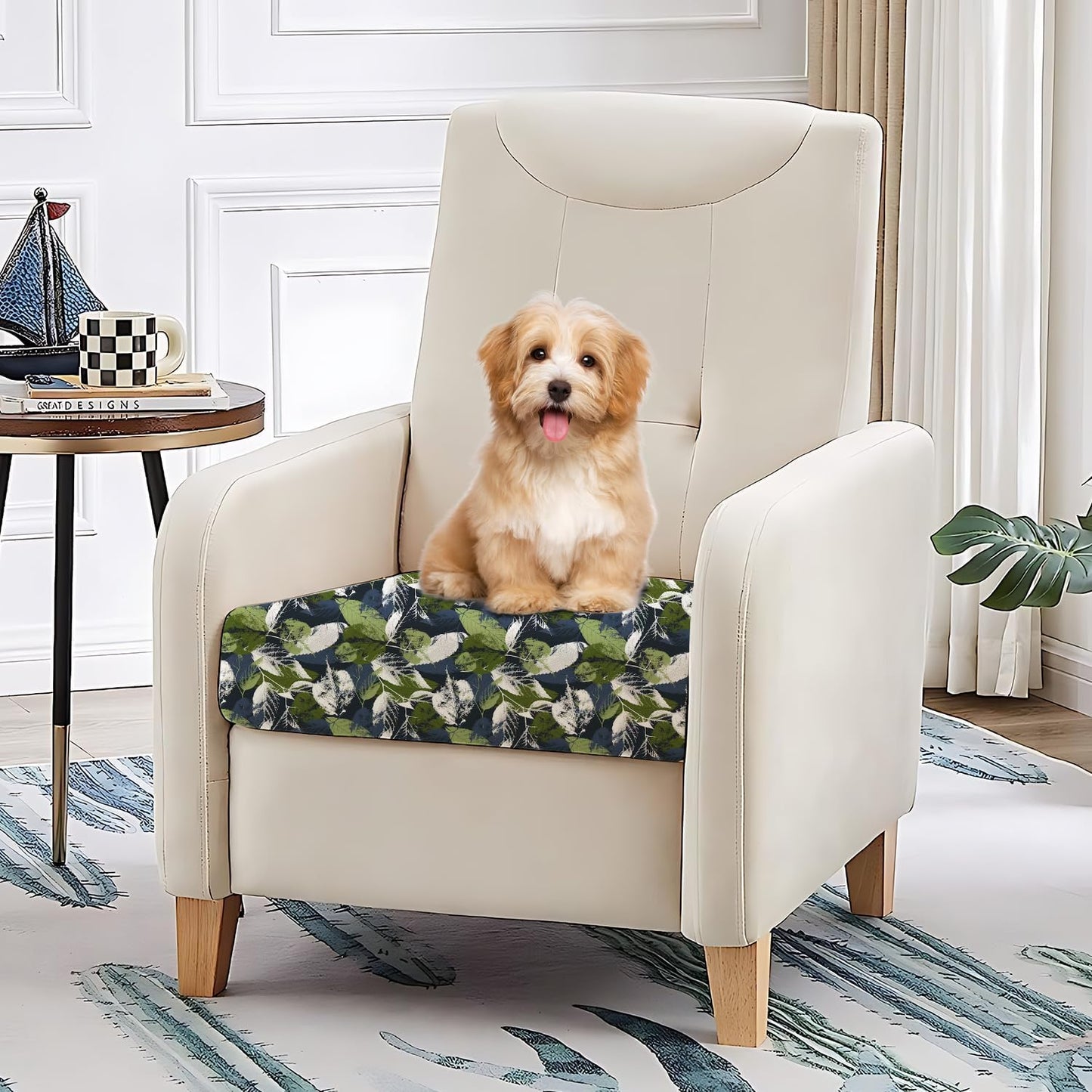 THISFIND Decorative Couch Cushion Cover – Leaf Patterned Slipcover for Sofa Seat Pads – Soft, Durable & Washable Fabric – Stretch Fit Couch Cushion Protector,Small (Green & Blue Leaves Design)