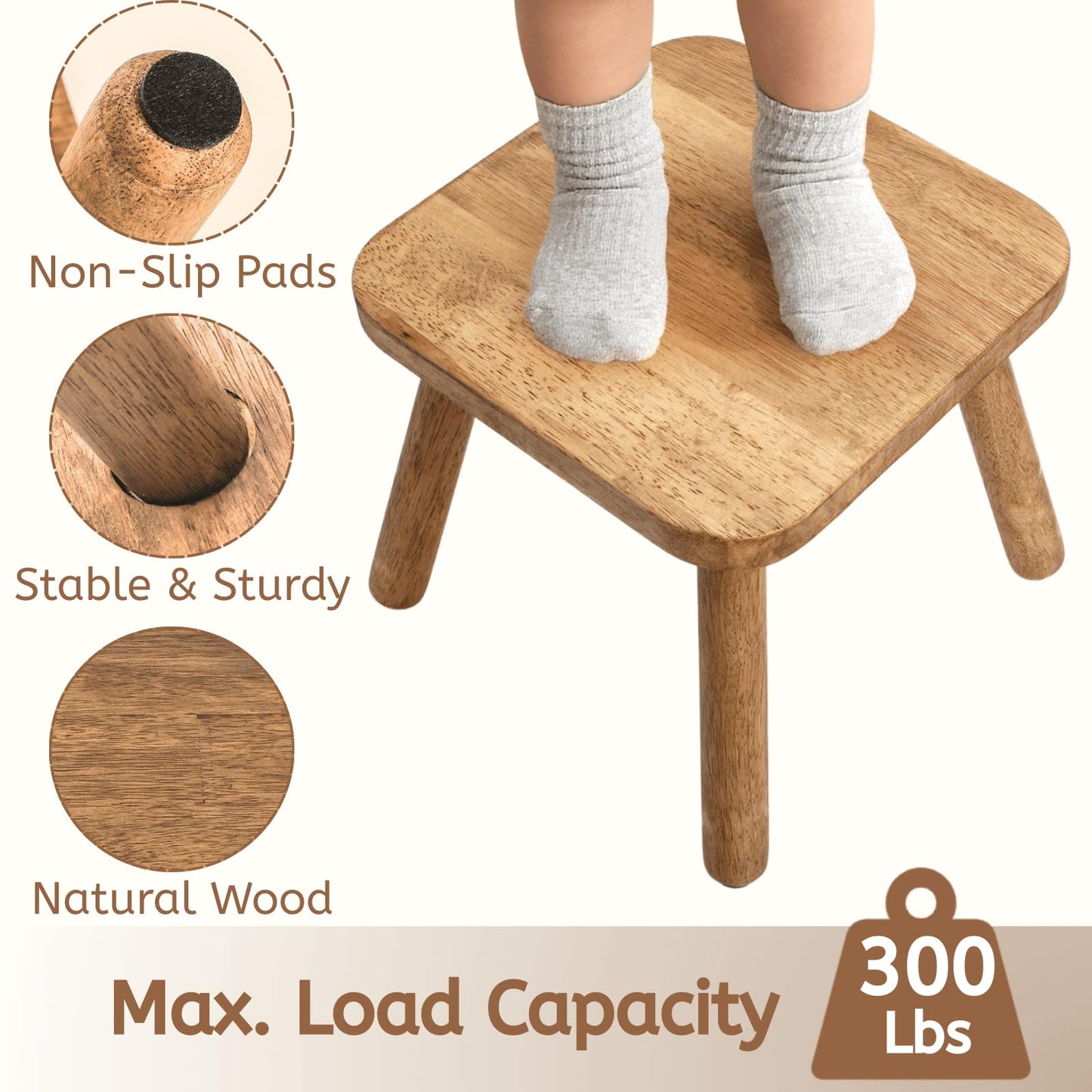 Youeon 12 Inch Square Solid Wooden Step Stool, Non-Slip One Step Stool for Adults, Holds up to 300 Lbs, Portable & Sturdy, Footstool for Bedroom, Bathroom, Kitchen, Easy to Assemble