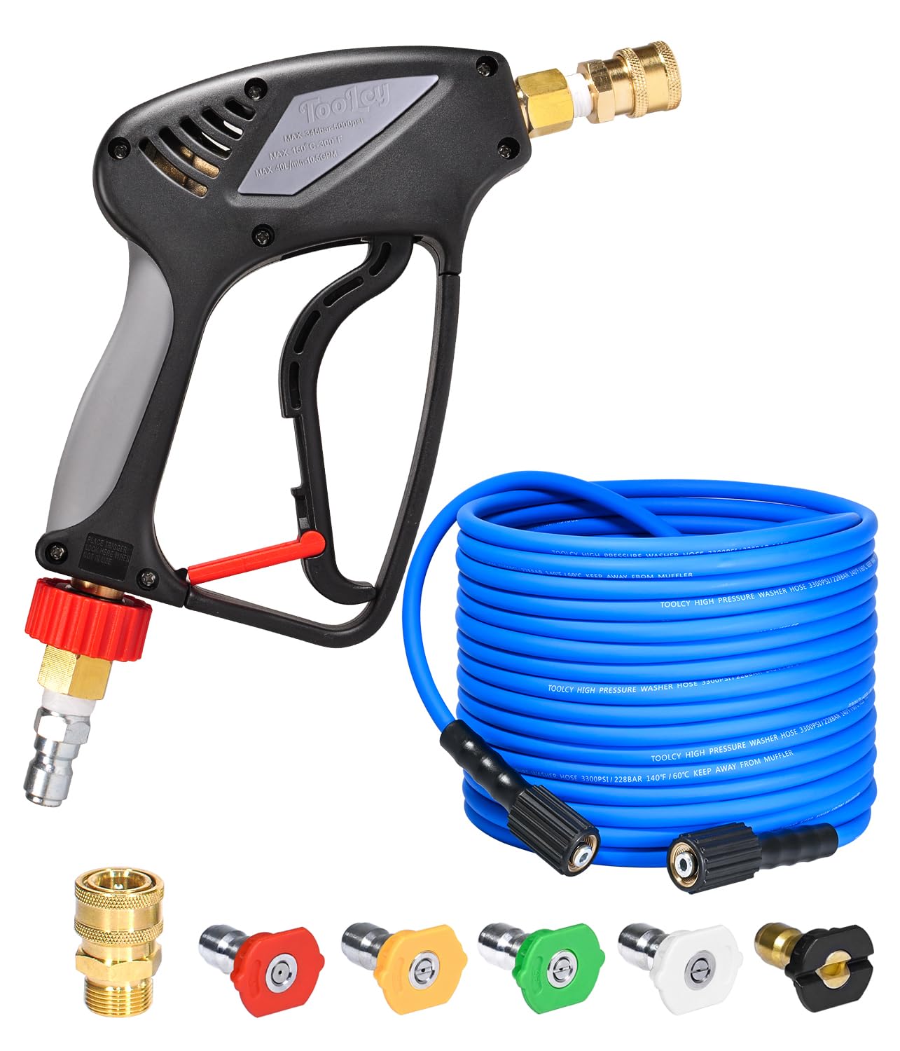 TOOLCY Pressure Washer Gun and Hose Kit, 50ft Kink Resistant Power Washer Hose and Gun with 5 Nozzle, 3/8" Swivel Quick Connector & M22-14mm Plug, Compatible with Simpson, Craftsman, Ryobi