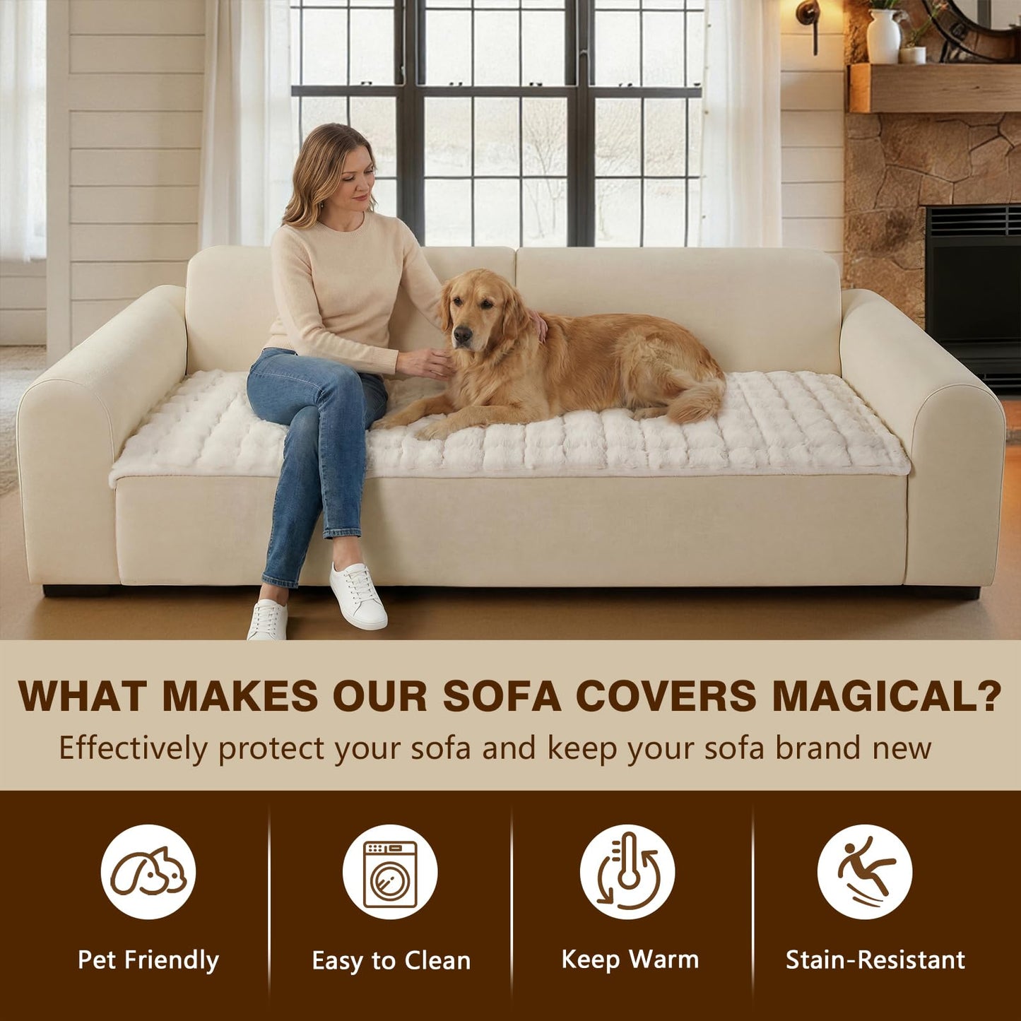 OHSIO Couch Cover for Pets Plush, Non Slip Cozy Sofa Cover Pet Friendly, Soft Thick Fuzzy Sofa Slipcovers for 3 Cushions Washable Couch Sofa Funiture Protector(White,27.6'' x 63'')