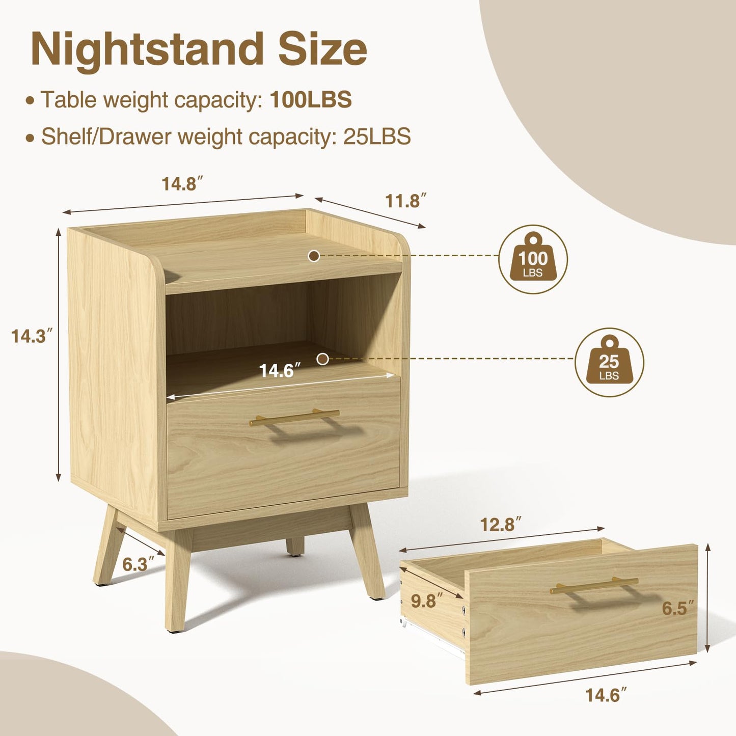 Favoduerme Night Stand with Drawer & Open Storage Shelf, Small Wooden Nightstand with Raised Edge, Mid Century Modern Side Table with Solid Wood Feet, Metal Handle for Bedroom Natural
