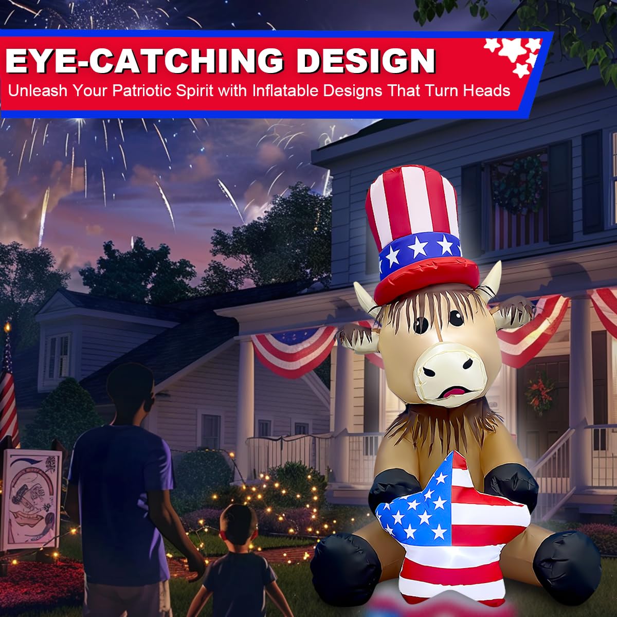 4FT Patriotic Independence Day 4th of July Inflatable Highland Cow Holding America Heart LED Lighted Blow Up Decoration Decor Home Yard Outdoor Indoor Decoration