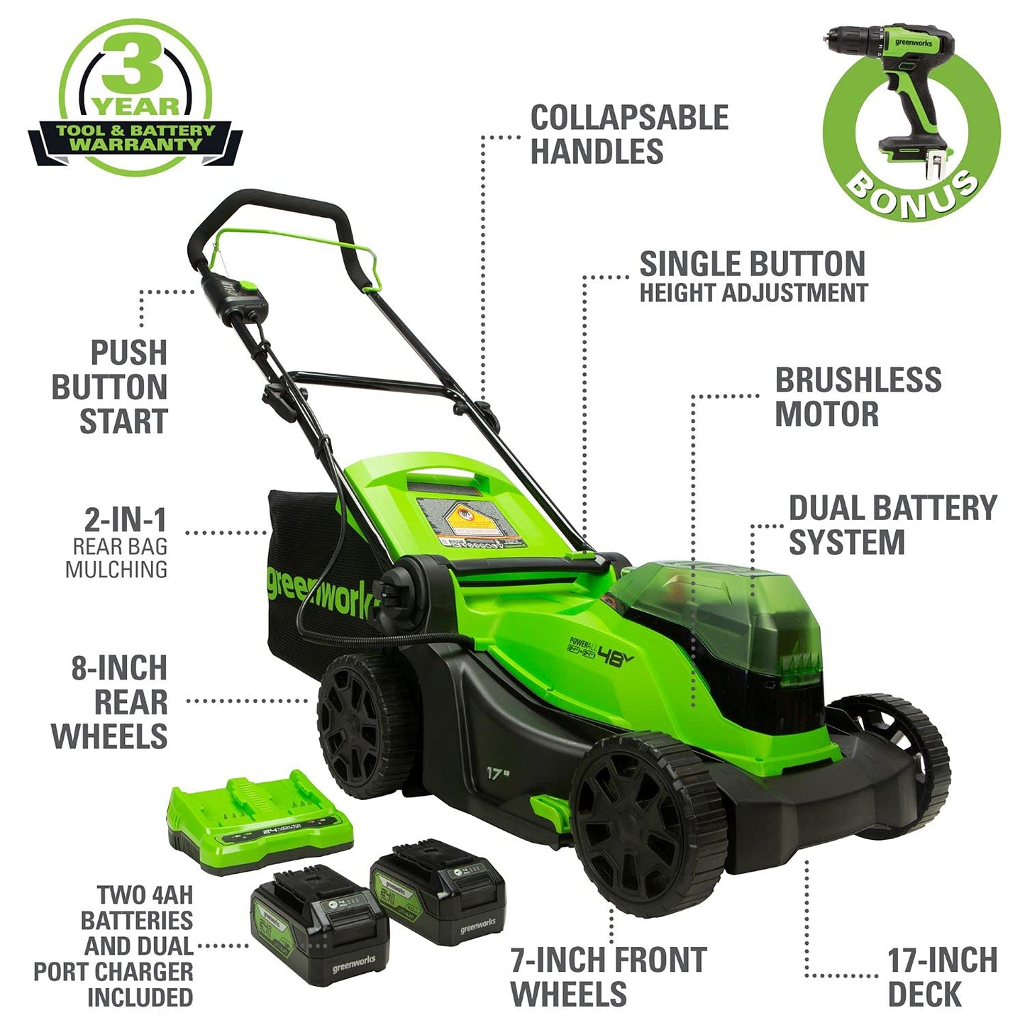 Greenworks 48V (2 x 24V) 17" Brushless Cordless Lawn Mower + 24V Drill / Driver, (2) 4.0Ah USB Batteries (USB Hub) and Dual Port Rapid Charger Included