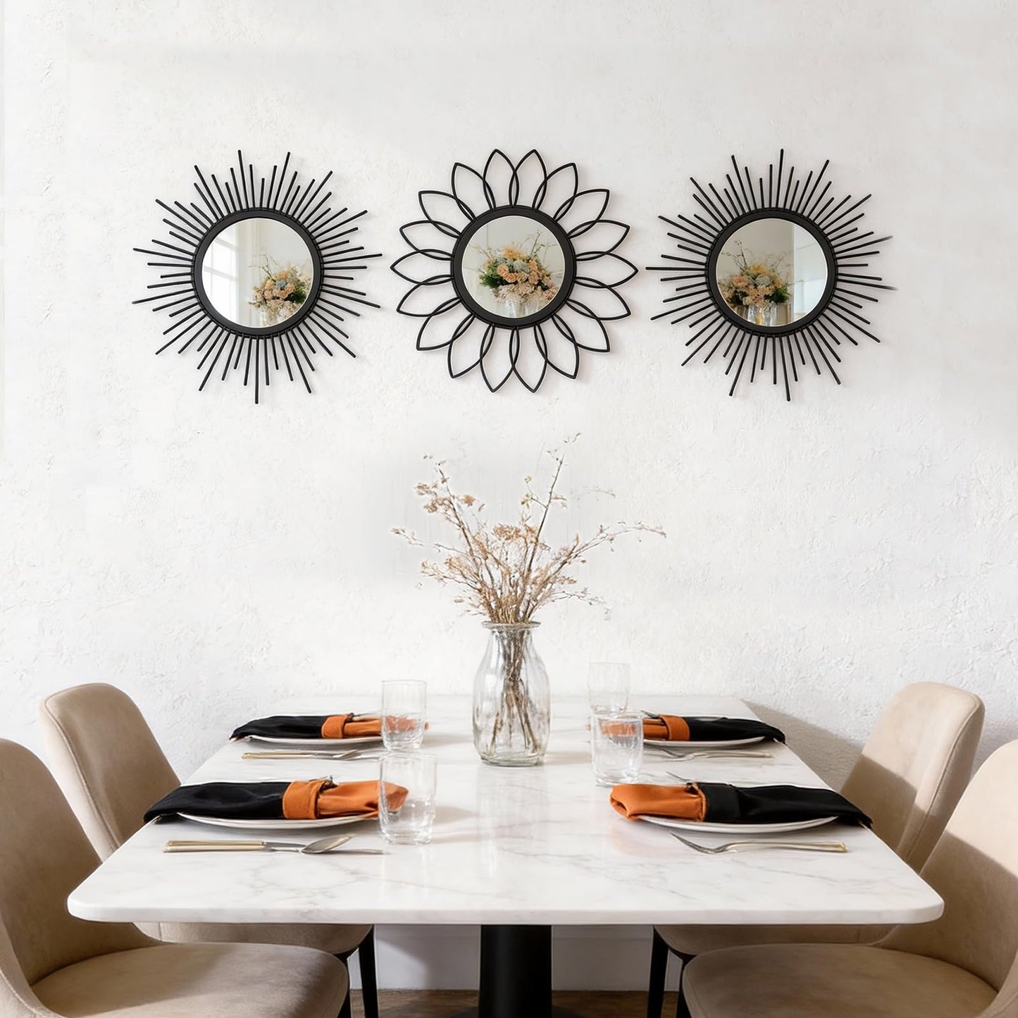 HMANGE Set of 3 Black Metal Sunburst Wall Mirrors - 12" Round Decorative Art for Living Room Bedroom Bathroom Entryway, No Assembly Required, Rust Resistant Design