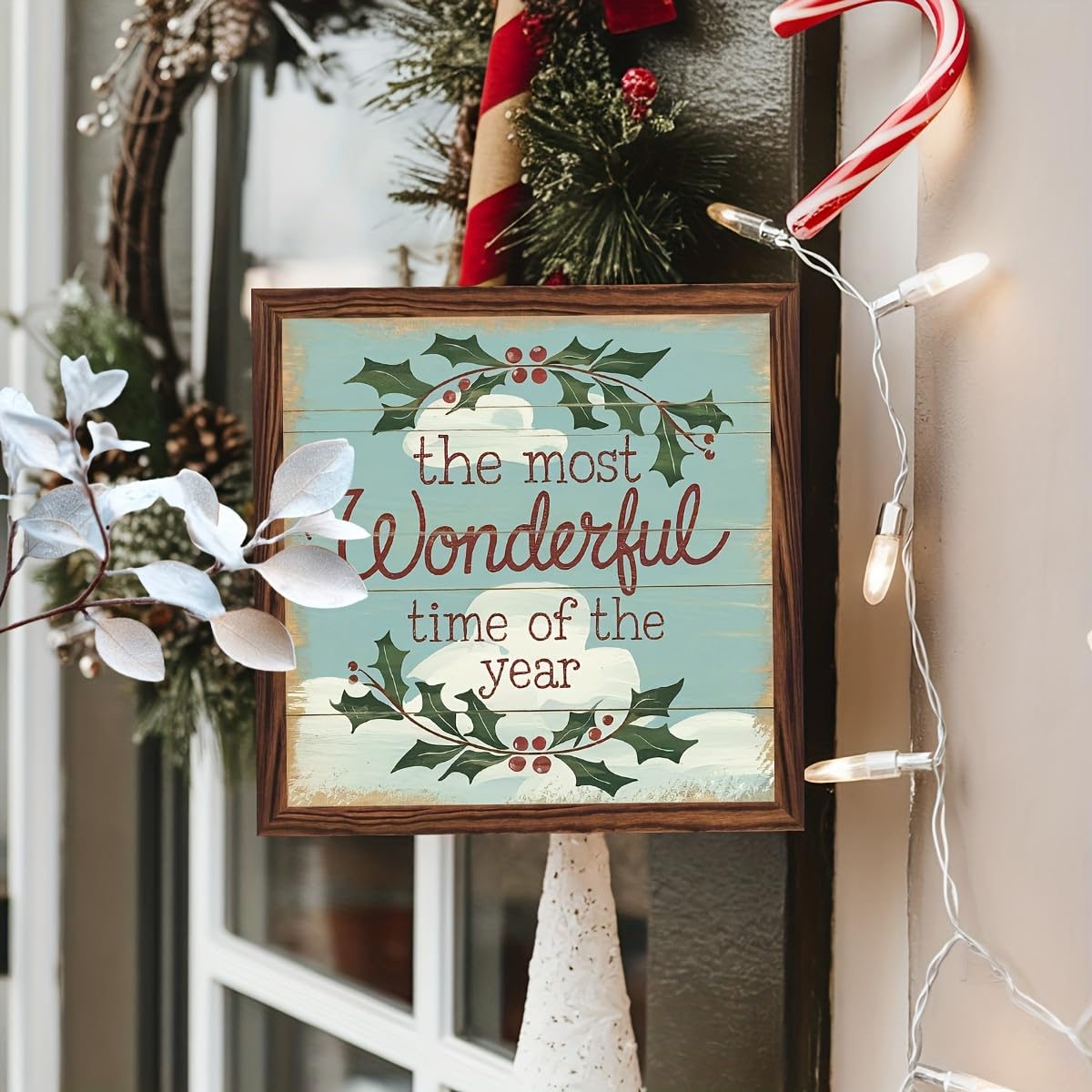 The Most Wonderful Time of the Year Wooden Framed Sign Christmas Holly Berry Decor Wall Art Inspirational Quote Rustic Decor for Home, Living Room, Winter 8x8 Inch