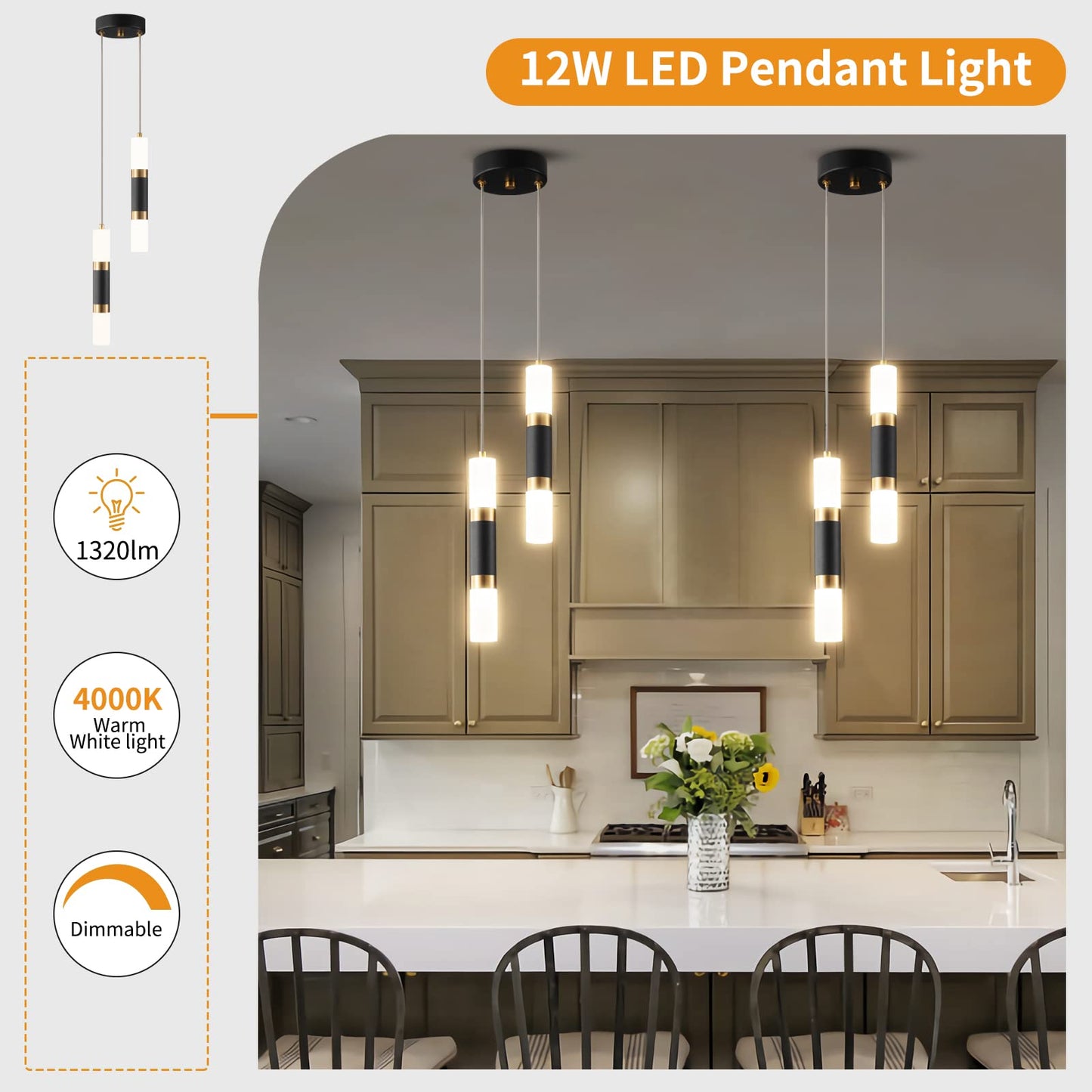 LIANGMH 2-Light Pendant Lights Kitchen Island Dimmable LED Modern Mini Pendant Light, Bedroom Small Pendant Light Fixtures (Black Gold)