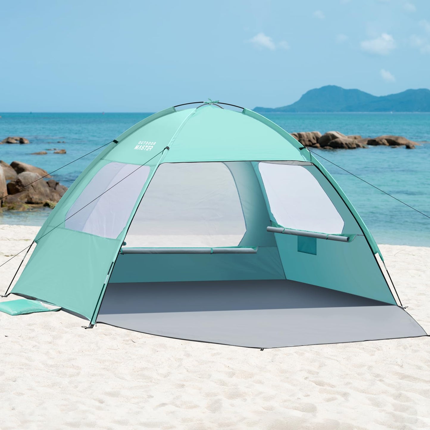 OutdoorMaster Beach Tent for 3/4 Person - Easy Setup Sun Shade Shelter, Portable Beach Shade Sun Canopy with UPF 50+ UV Protection, Removable Skylight Family Size - 4 Person Green