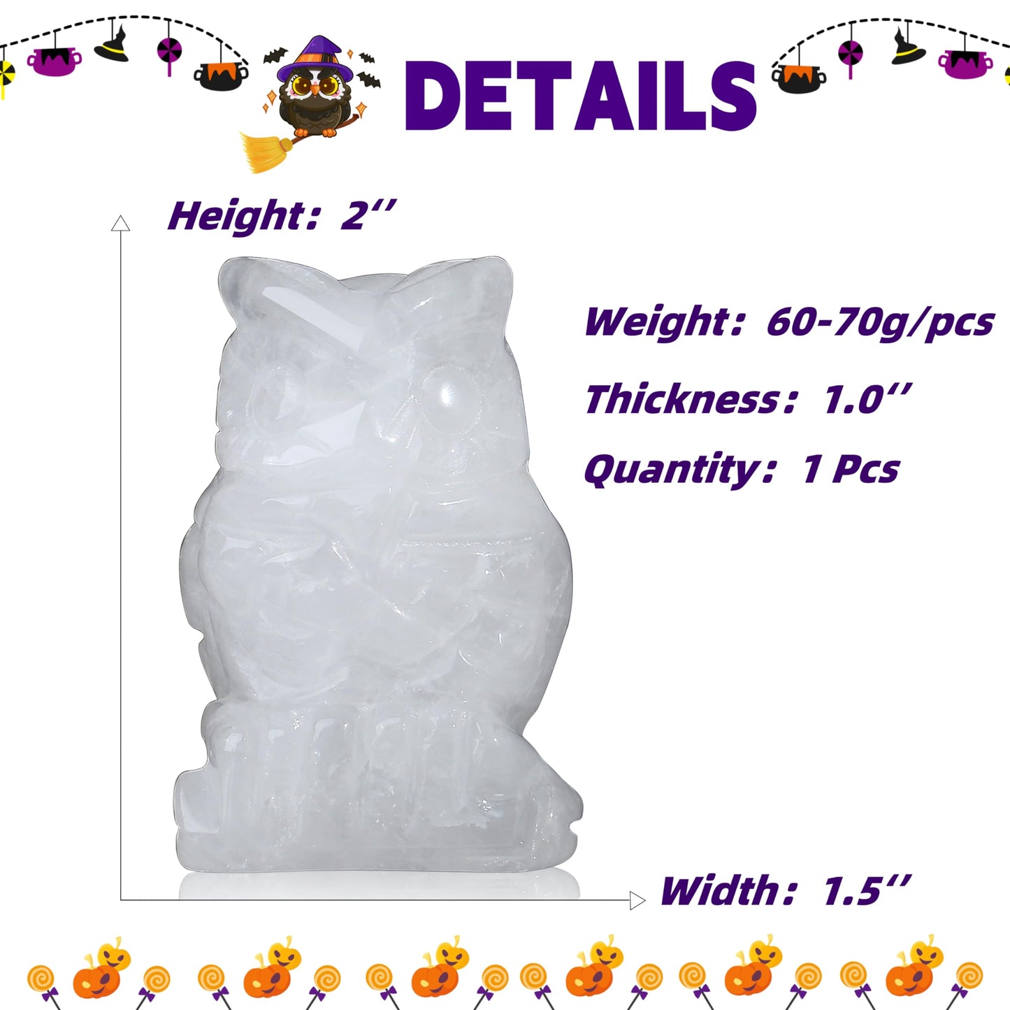 YATOJUZI 2” Owl Decors Natural Clear Quartz Crystals Stones White Cute Decor Polished Hand-Carved Sculpture Statue Figurines Gemstone Home Office Desk Decoration Reiki Energy Gifts