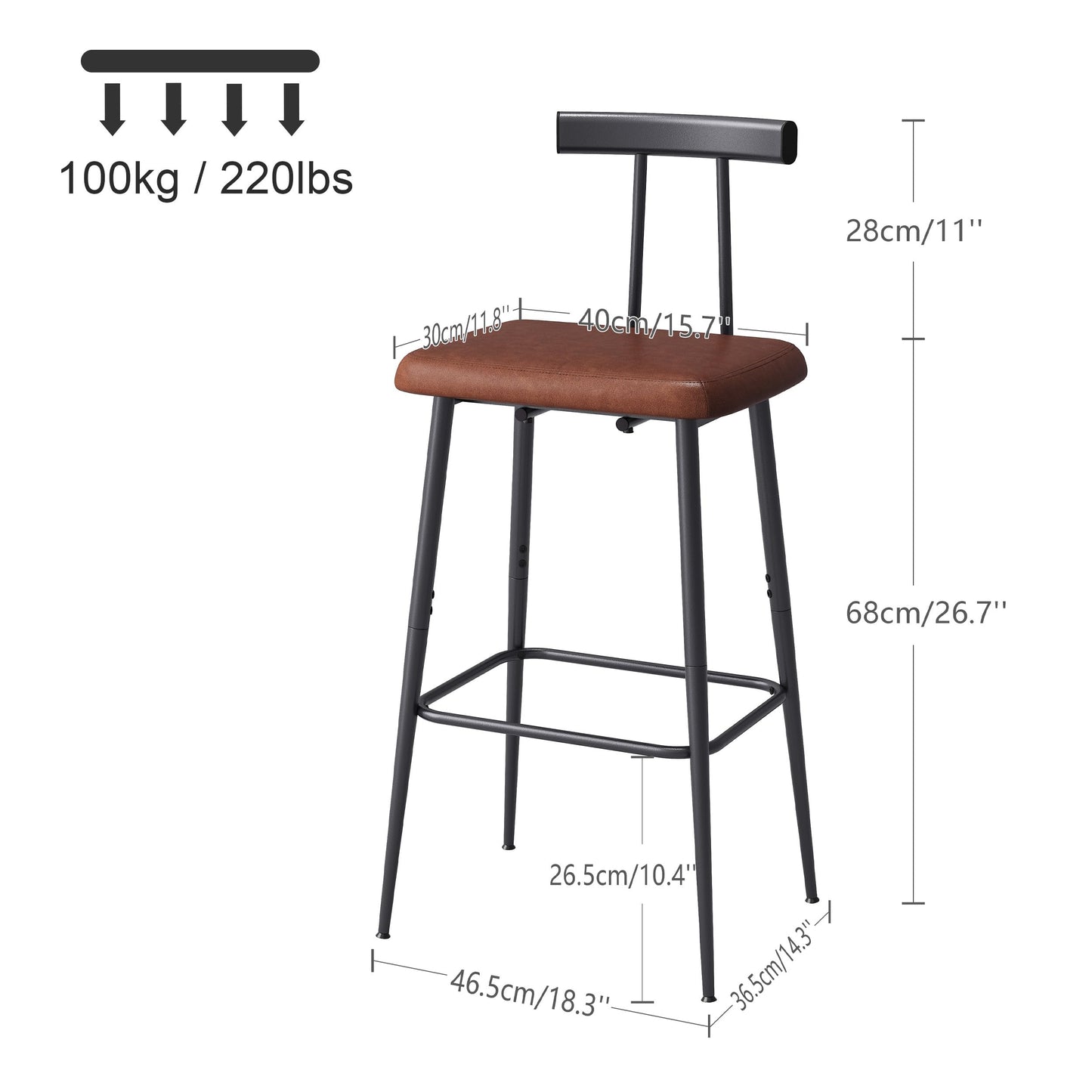 Bar Stools set of 2, Tall Bar Stools with Backrest and Footrest, Counter Height Bar Chairs, Industrial Barstools with PU Leather Cushion, for Kitchen, Dining Room, Bar, Cafe (Rustic Brown)KBS515R