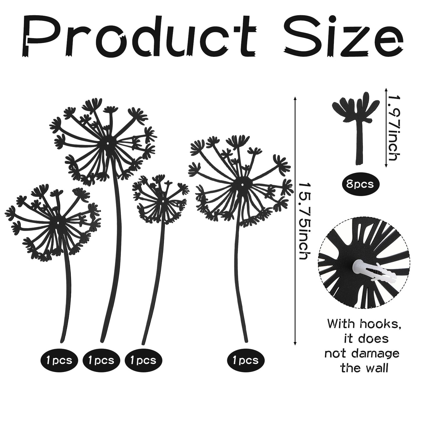 AceOrbit 12 Pcs Dandelion Metal Wall Art Dandelion Flower Wall Decor Rustic Metal Sculptures Black Nature Iron Sign Decoration for Home Living Room Yoga Studio Office Housewarming Gift