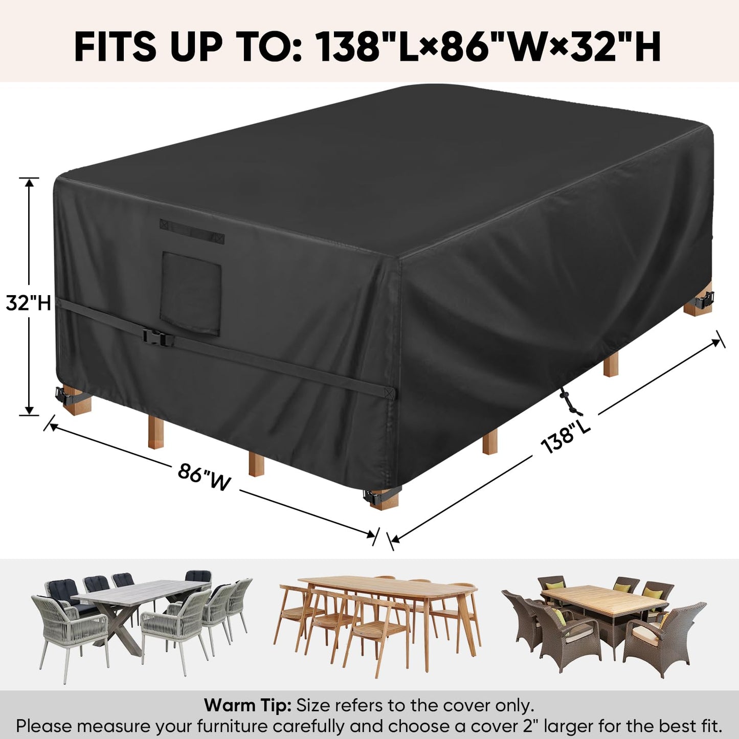 BALEINE Patio Furniture Covers, Outdoor Furniture Covers Waterproof, Heavy Duty Oxford Patio Table Cover for Outdoor Table, Chair, Sofa, Desk (Black, 138"L x 86"W x 32"H)