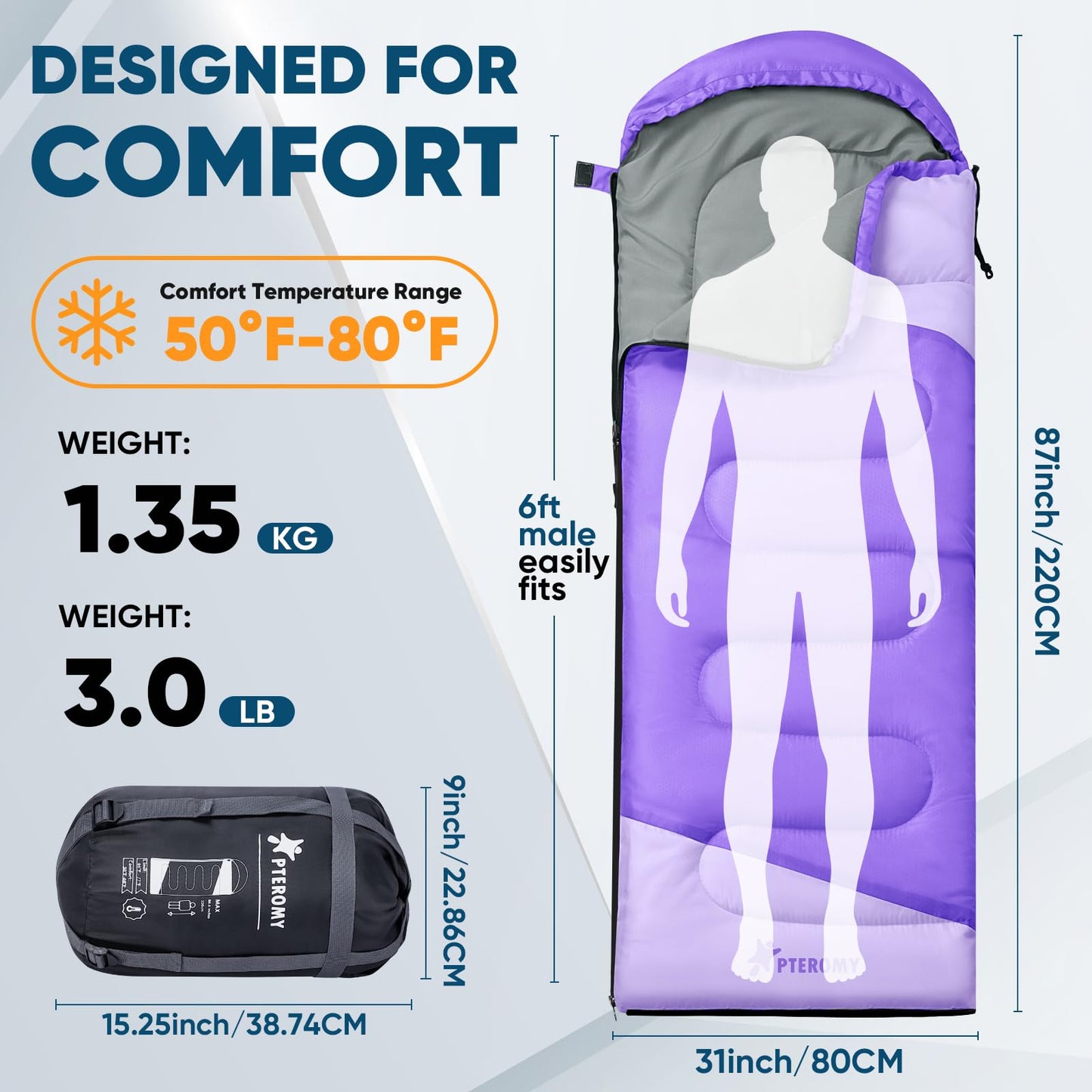 PTEROMY Sleeping Bags for Adults, Lightweight and Machine Washable, Water Resistant Backpacking Camping Sleeping Bag for Warm Cold Weather, Camping Essentials for Hiking Travel (Purple, 1.35kg)