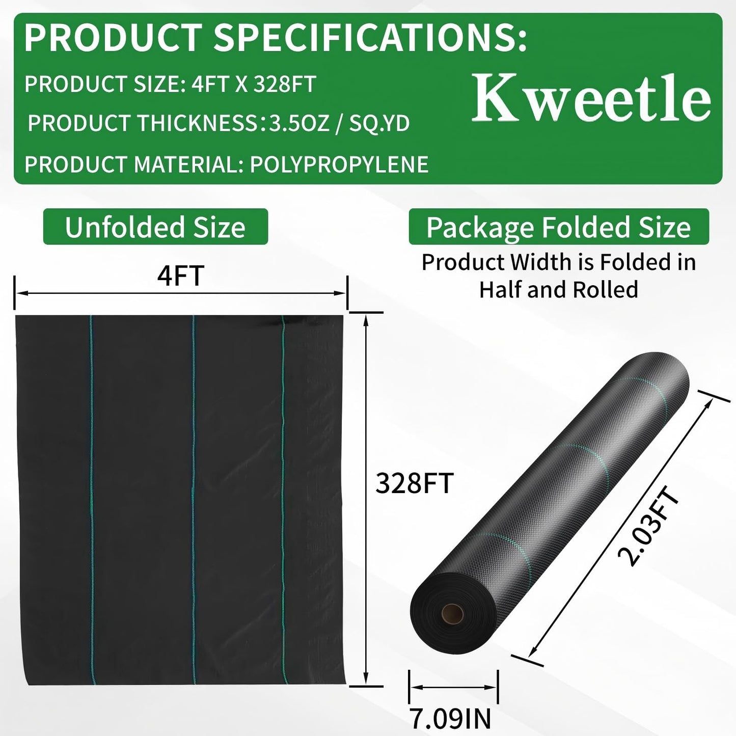 Kweetle 4FT X 328FT Garden Weed Barrier Landscape Fabric Heavy Duty Ultra Thick Premium Weeds Control Mat Ground Cover Weed Block Gardening Mat, 20 Ground Stakes Included