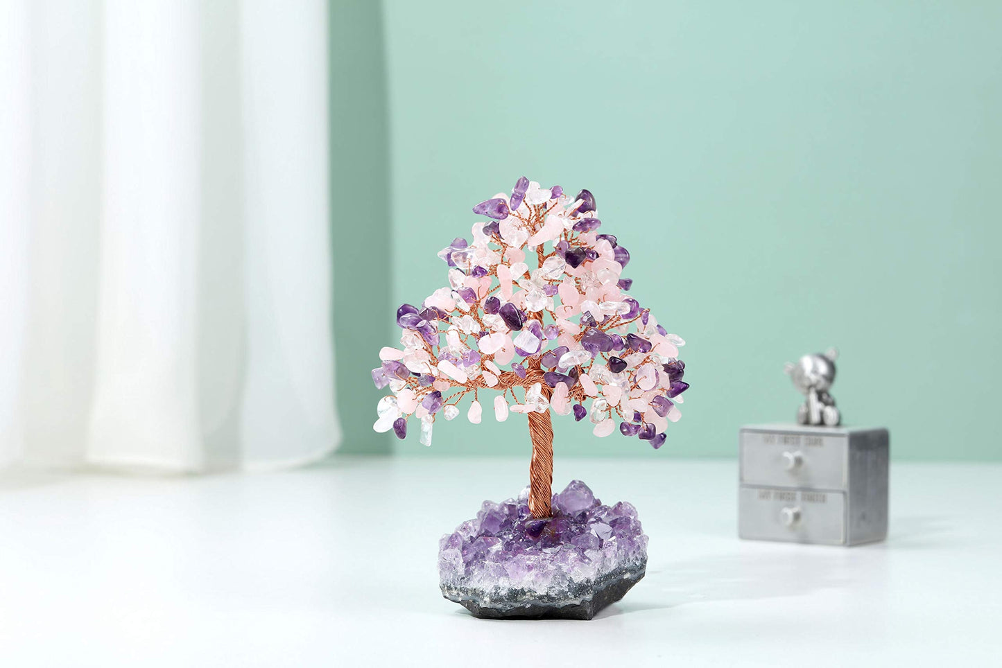 Jovivi Natural Amethyst + Clear Quartz + Rose Quartz Healing Crystal Money Tree on Amethyst Cluster Geode Druzy Base Feng Shui Crystals for Home Office Desk Decorations, Wealth, Good Luck