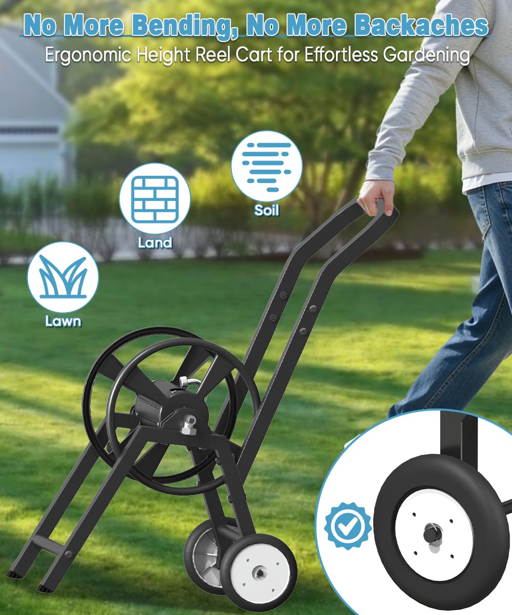 Artigarden Garden Hose Reel Cart with Wheels, Holds 165 ft of 5/8’’ Hose Outdoor Heavy Duty Powder-coated Steel Water Storage Holder Rack with 3.9 Ft Leader Hose for Outside Lawn Yard, Black