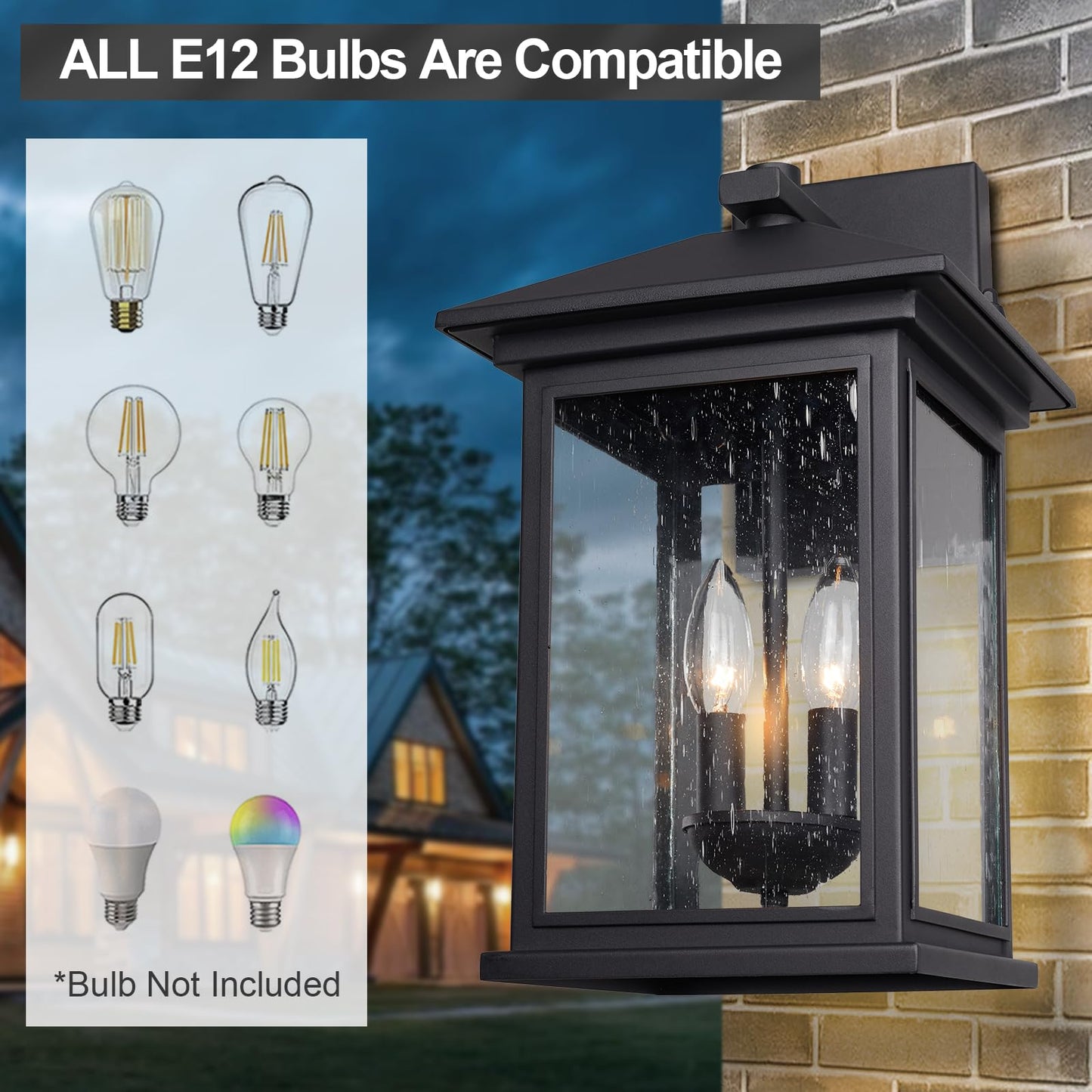 Treekee Outdoor Wall Light Fixtures, 16 Inch Waterproof Square Lanterns, 2-Light Exterior Porch Sconces Lighting with Seeded Glass Shade, Modern Black Lamps for Patio Front Door Entryway