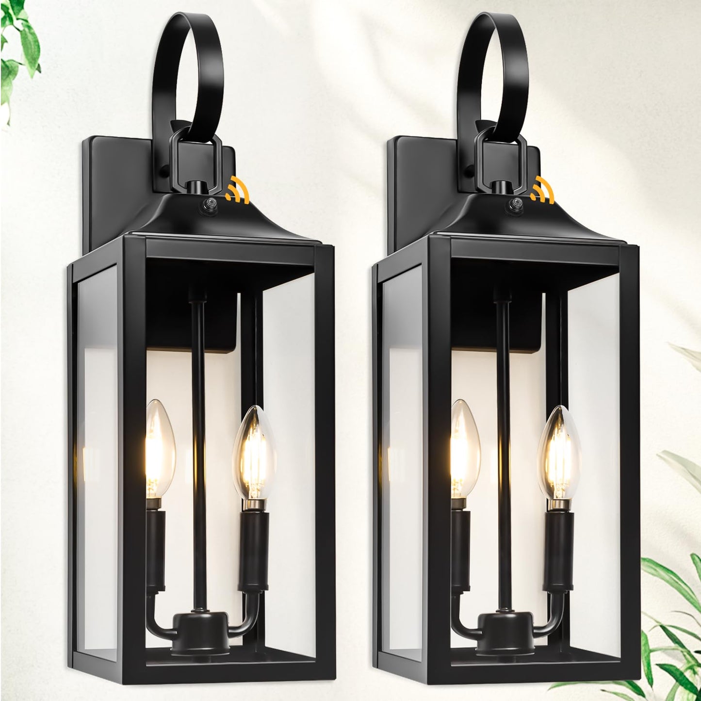 Black Dusk to Dawn Outdoor Wall Lantern 2-Light, 19" Large Modern Outdoor Wall Lights, Industrial Porch Lights Wall Mount with Tempered Glass, Waterproof Farmhouse Exterior Lighting Fixtures, 2 Packs