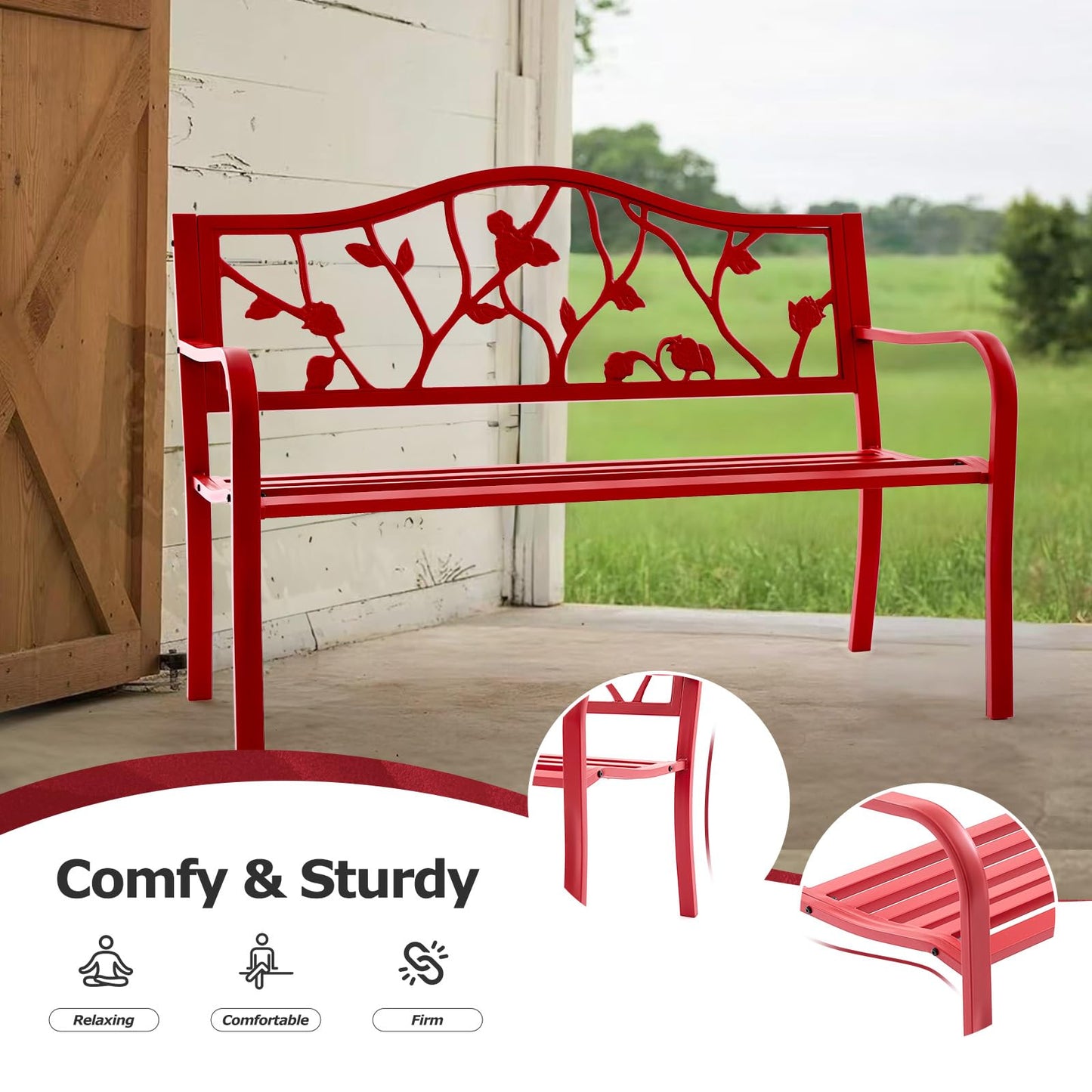 Attliasalon 50” Strawberry Outdoor Garden Bench, Weatherproof Sturdy Cast Iron Metal Frame Patio Park Bench for Porch Yard Lawn Deck Park (Red Strawberry Style)