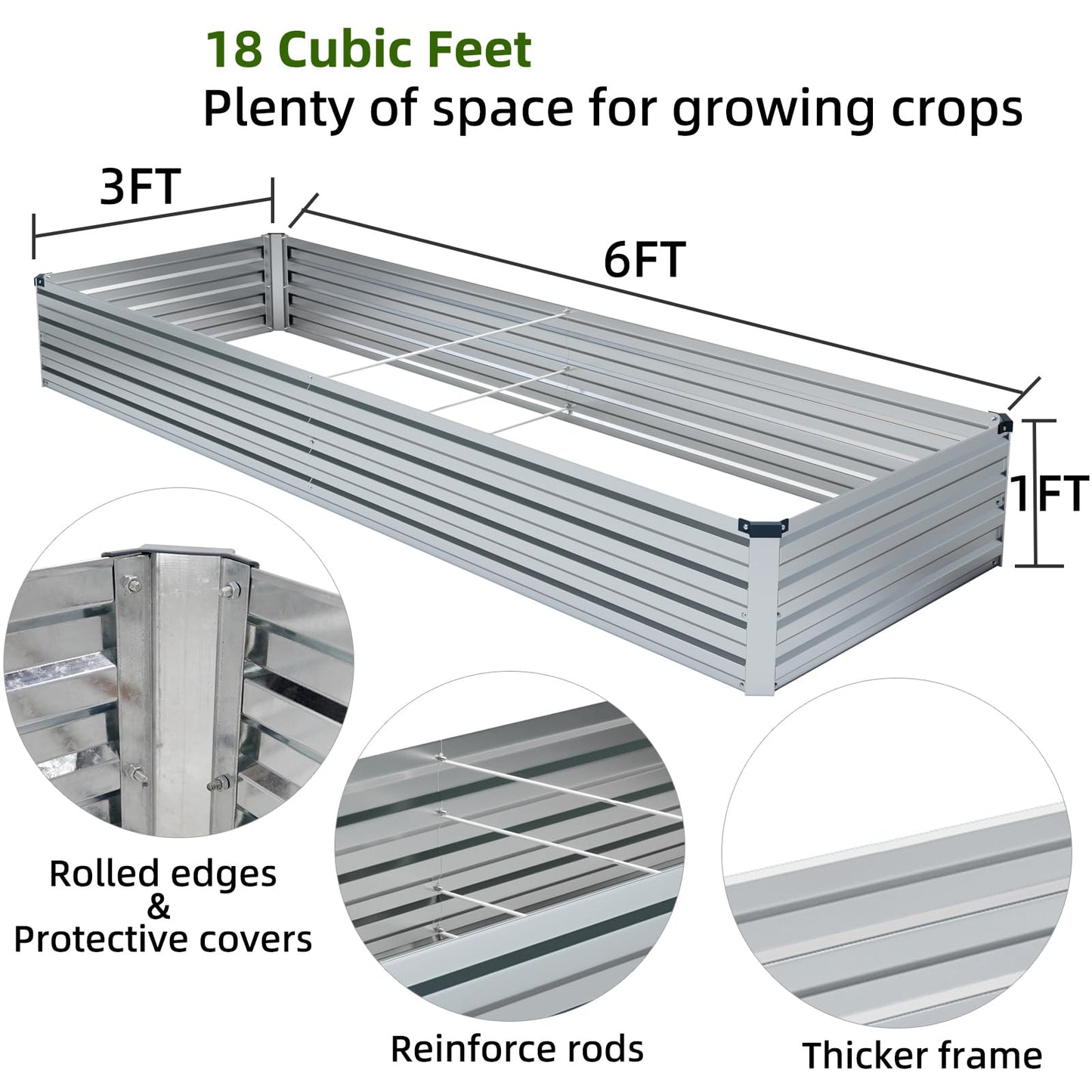 Meberam 3 Pack 6x3x1FT Galvanized Raised Garden Beds Kit Outdoor Metal Gardening Planter Box for Vegetable Elevated Flower Herbs,Silver