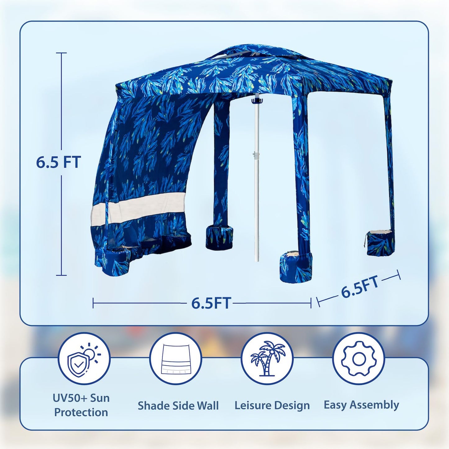 AMMSUN Beach Cabana, 6.5'×6.5' Beach Canopy, Easy Set up and Take Down, Cabana Tent with Sand Pockets, Instant Sun Shade with Side Wall, Coral Tropical