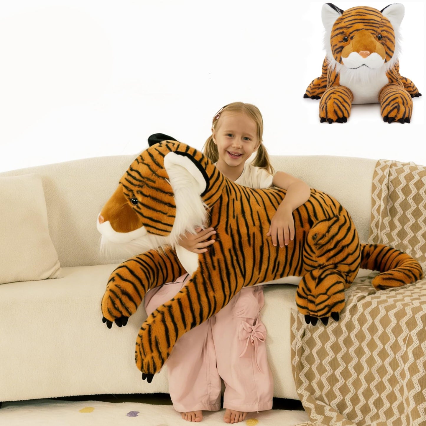 MaoGoLan Giant Tiger Stuffed Animal - 46” Realistic Tiger Plush Toy for Boy Girl Kid, Soft Fluffy Wild Cat Zoo Animal Toy Plush Pillow for Birthday Gift, Baby Shower Party Favor, Home Decor