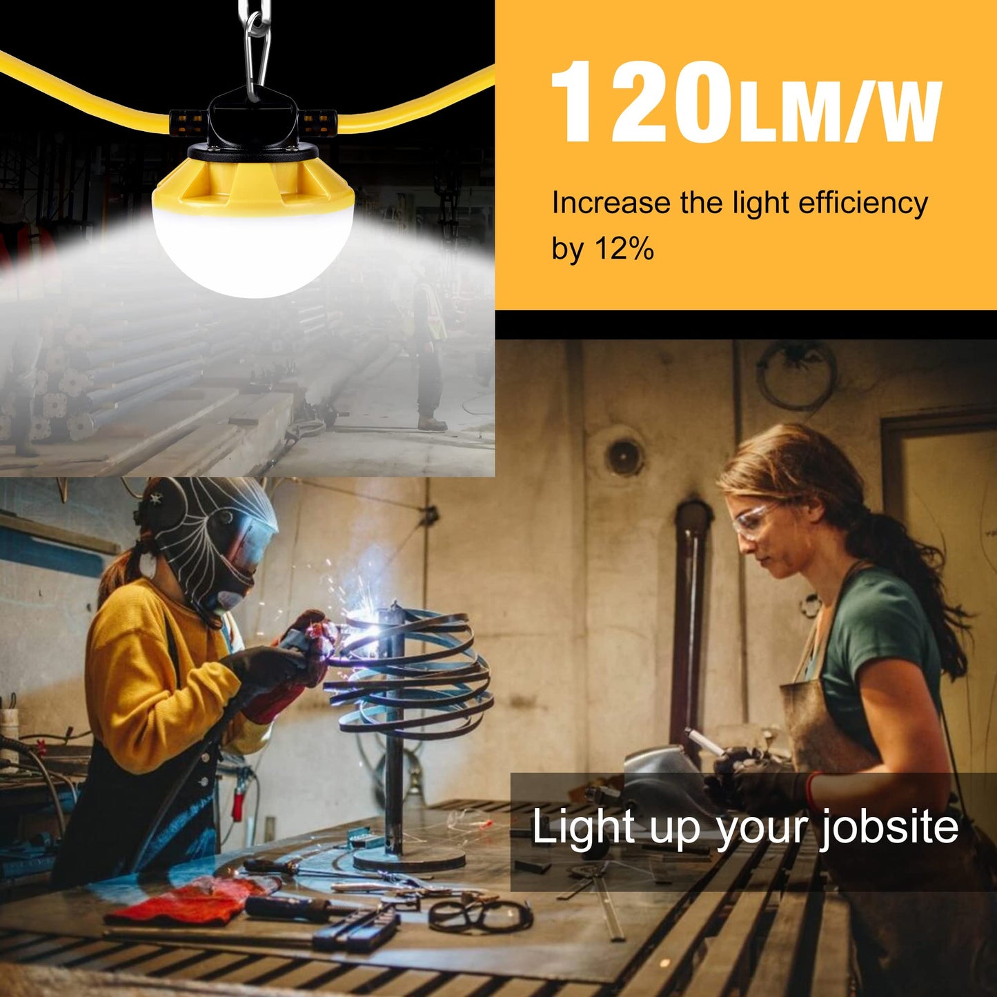 G GJIA 100FT Construction String Lights, IP65 Waterproof ETL Certified LED String Work Lights, 5000K Daylight 18AWG Wire Linkable Temporary Construction Lighting for Jobsite with 10 Bulbs & Hooks