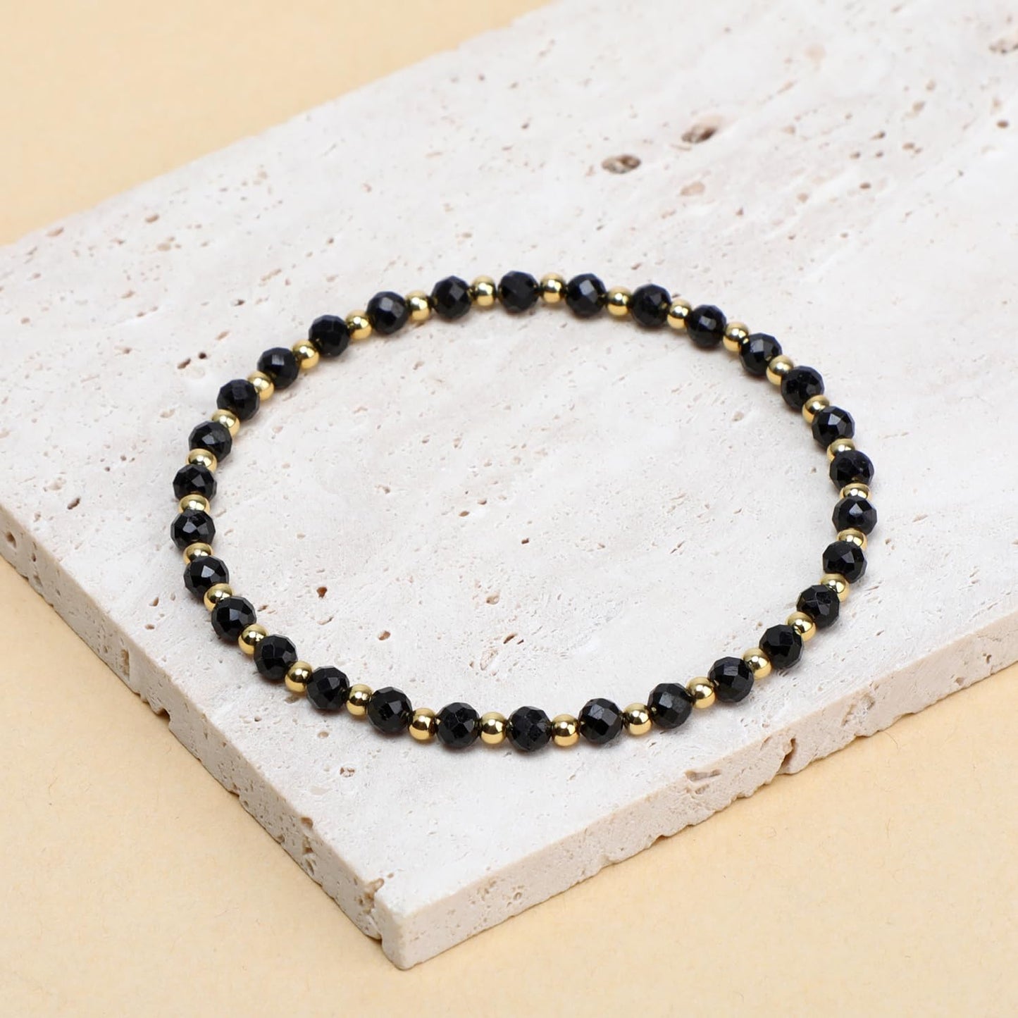 QOGIR Black Tourmaline - Psychic Protection - 14K Gold Plated Beads Natural Gemstone Stretch Elastic Dainty Healing Beaded Bracelets Gifts 4mm