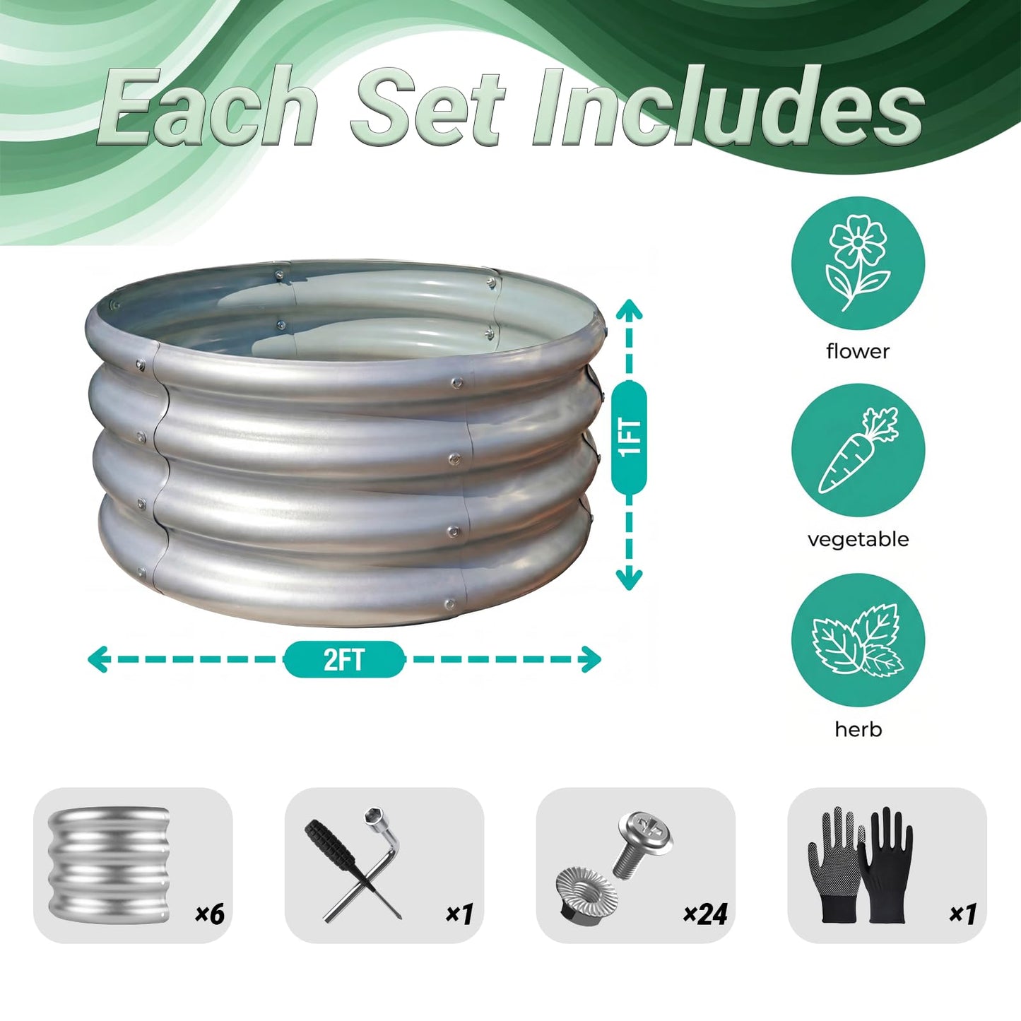 Reachible 2x2x1 FT Round Galvanized Raised Garden Bed Kit Outdoor,Garden Bed for Vegetables, Fruits, Flowers(Silver,2PCS)