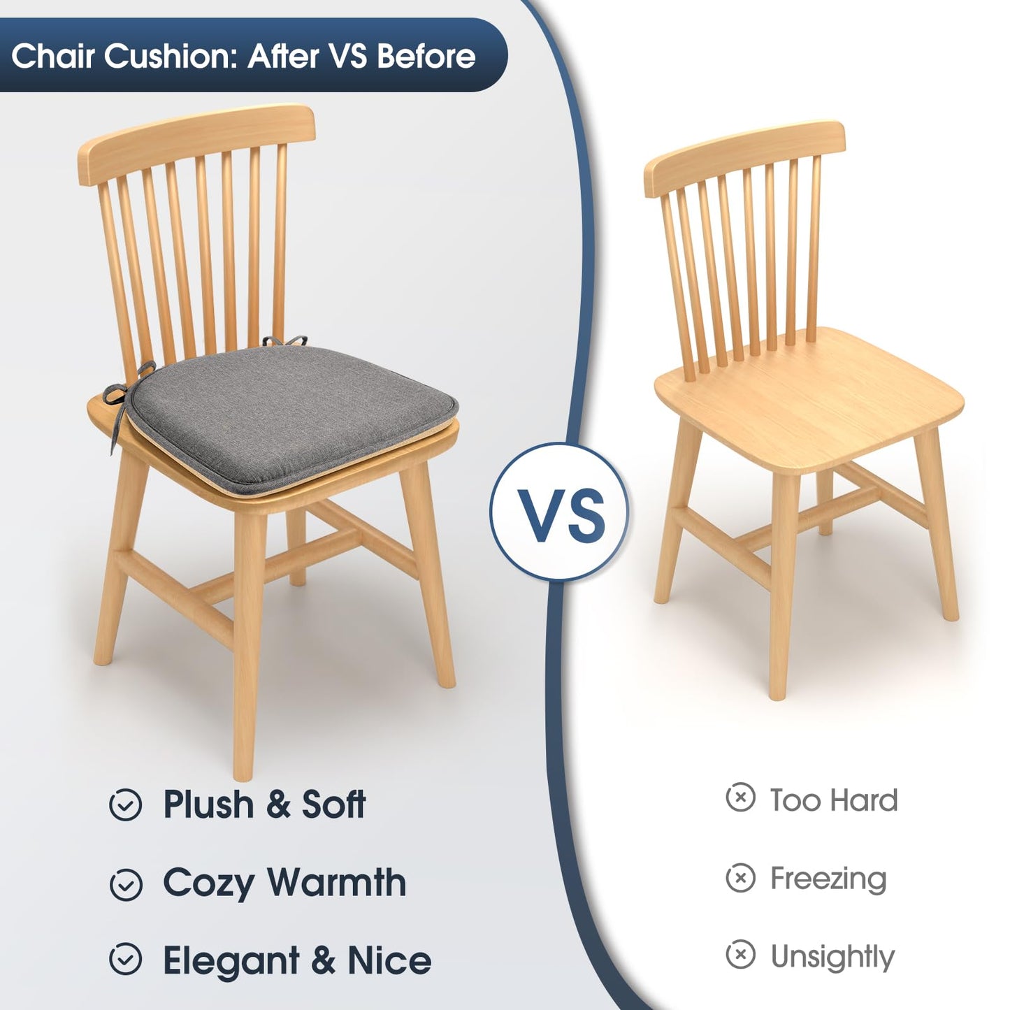 TushGuard Chair Cushions for Dining Chairs Set of 4, Soft Seat Cushions for Kitchen Chairs, Non-Slip Bottom with Ties, Comfortable Everyday Chair Pads, Grey