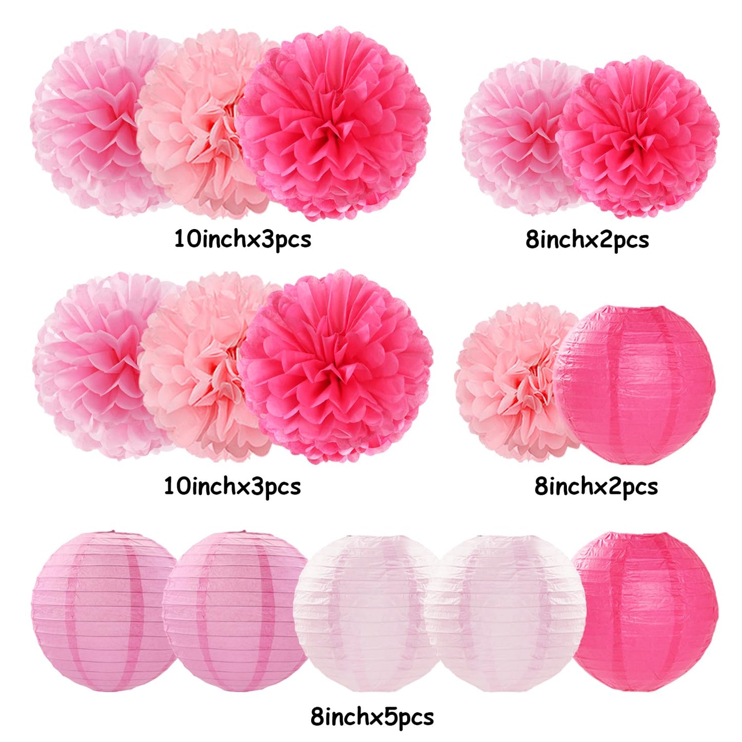 Light-Hot Pink Party-Decorations Paper-Flowers Lanterns - 15pcs Graduation Girl Birthday Decor Tissue Pom Poms Streamers, Bridal Baby Shower Wedding Bachelorette Valentine Hanging Supplies Hugfond