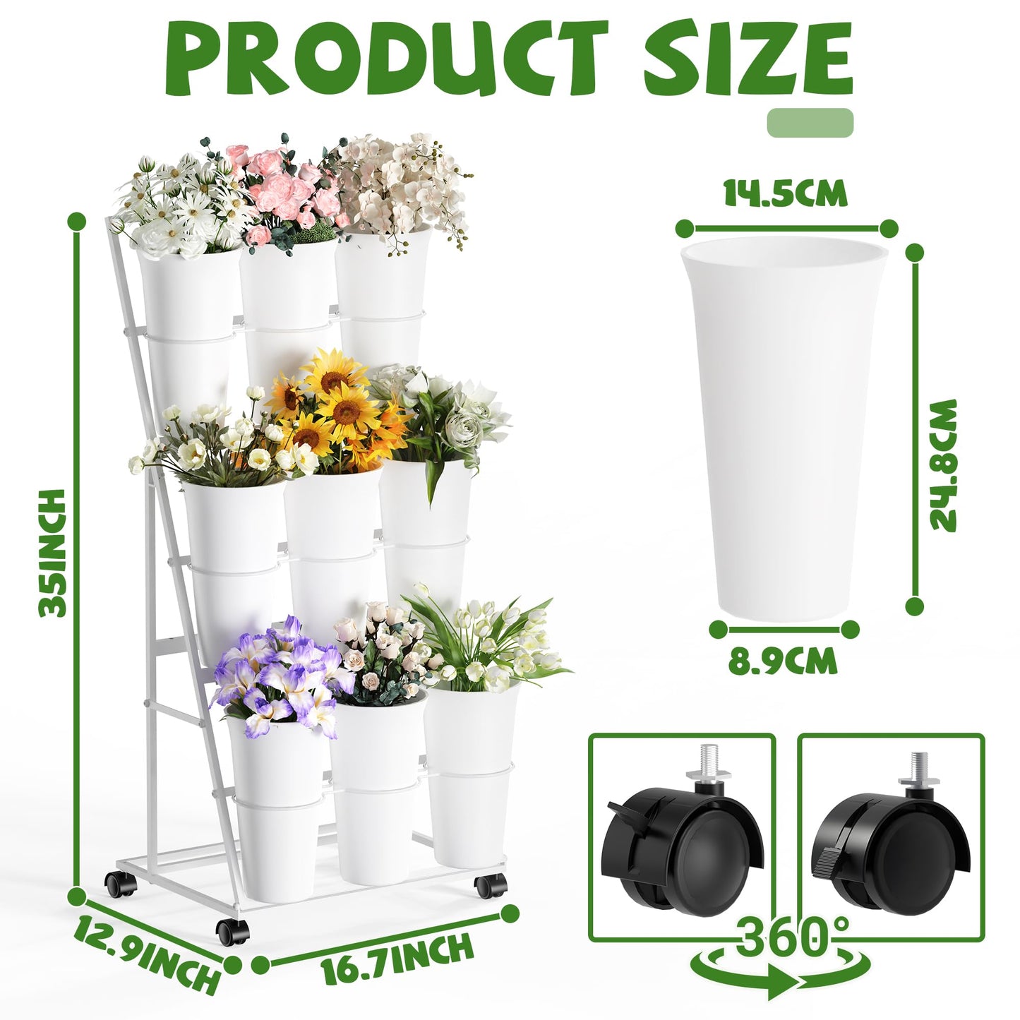 Invech Flower Display Stand with 9 Buckets, 3 Tier Flower Cart Display Stand and Wheels for Indoor Outdoor Garden, Wedding, Flower Shop (White)
