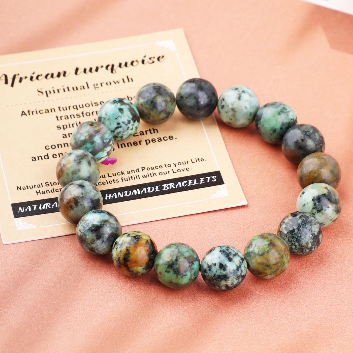 AD Beads Handmade Gemstone Stretch Elastic Bracelet Crystal Healing Reiki Nature's Beauty and Spiritual Essence Unisex (12mm, African Turquoise (Spiritual growth))