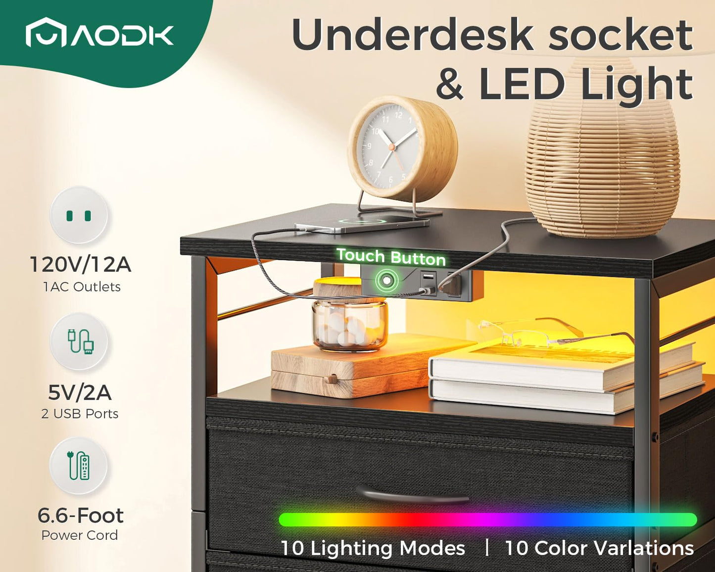 AODK Nightstand with Charging Station & LED Lights, 27.6" Tall Bedside Table with 4-Tier Storage, 2 Fabric Drawers & 2 Open Shelves, Space-Saving End Table for Bedroom, Black