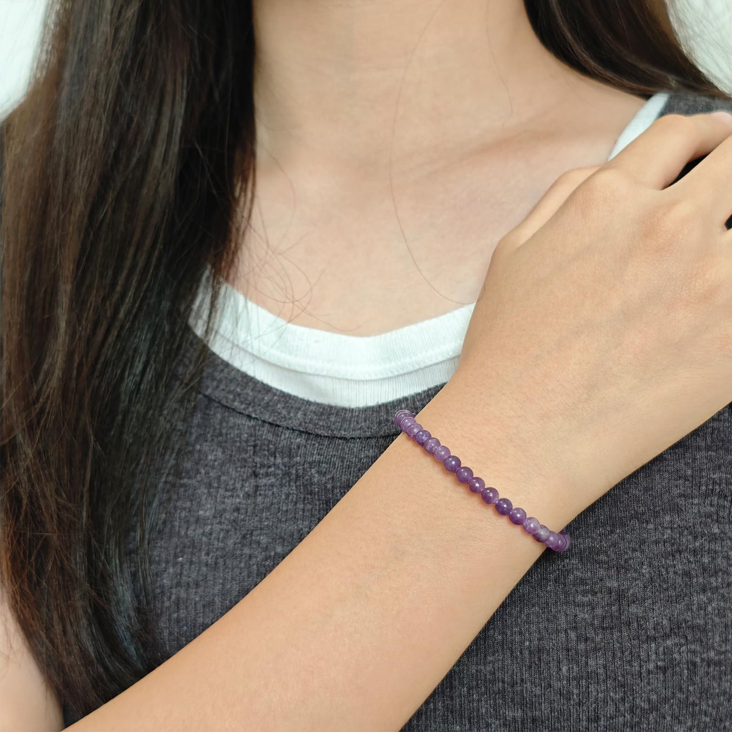 CHCCOYE 4mm Natural Healing Gemstone Bracelet Handmade Yoga Stretch Elastic Bracelet Stress Relief Crystal Jewelry for Men and Women (4mm, Purple Lepidolite)