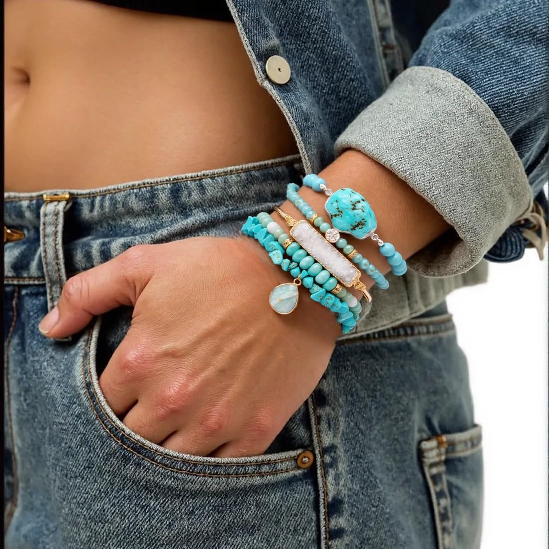 NUZUJX 5PCS Natural Boho Beaded Bracelets Bangle for Women Men,Healing Turquoise Crystal Gemstone Stone Chakra Multilayer Wrap Bohemian Handmade Jewelry Beads Stretch Bracelet Set