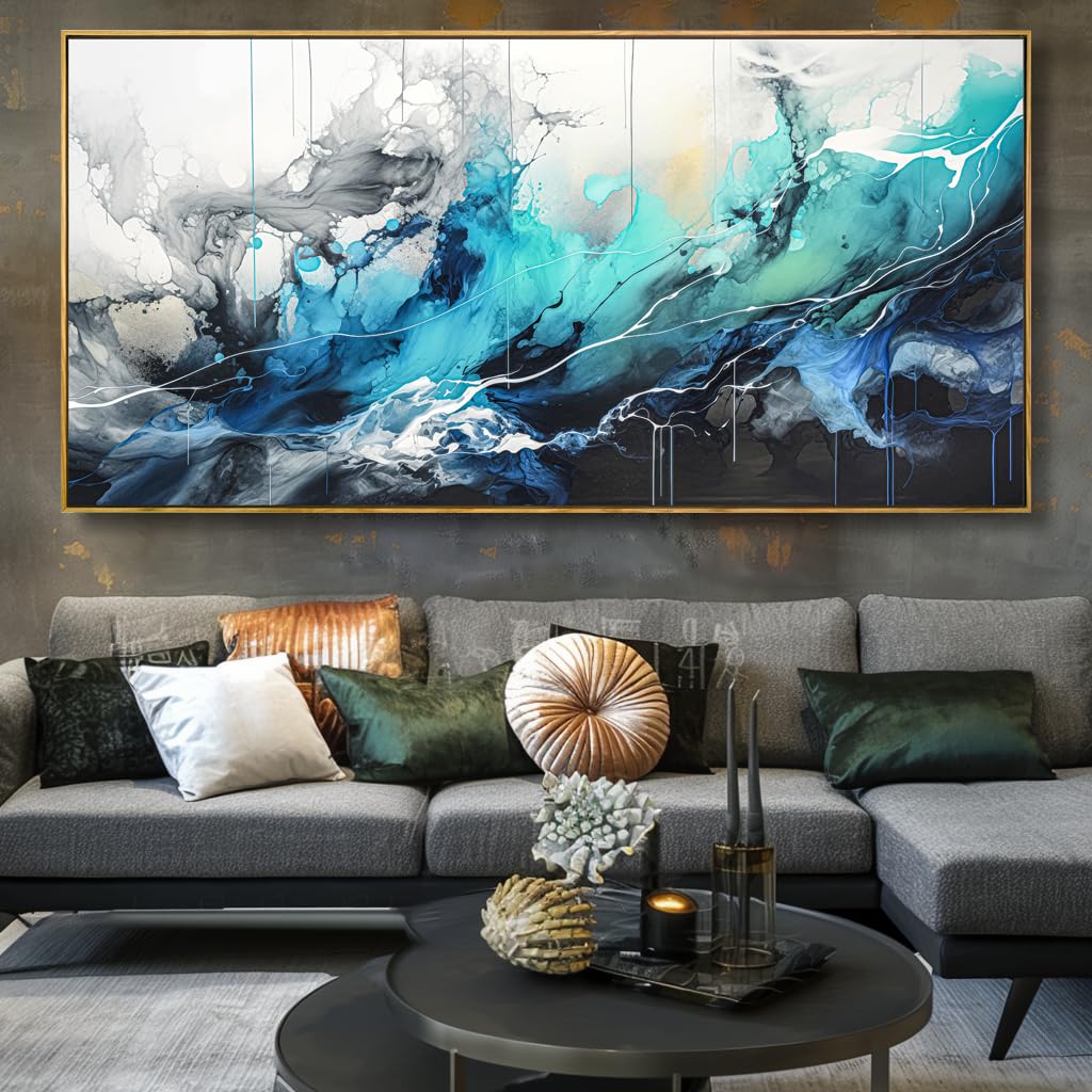 Wall Art Abstract Canvas Painting Teal Blue Modern Artwork for Living Room Bedroom Dining Room Home Office Decor 20"x40" with Framed