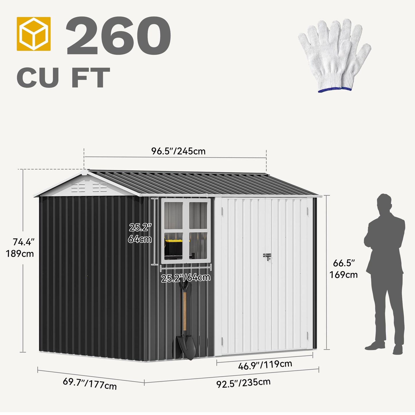 DWVO 8x6ft Metal Outdoor Storage Shed with Window, Lockable Tool Storage Sheds, Oversized Steel Garden Sheds with Sloped Roof for Backyard, Patio, Garage, Lawn (Gray + White)